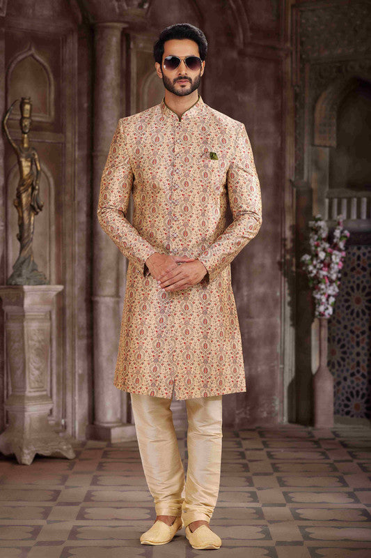 Men's Art Silk Digital Print Sherwani In Beige Colour