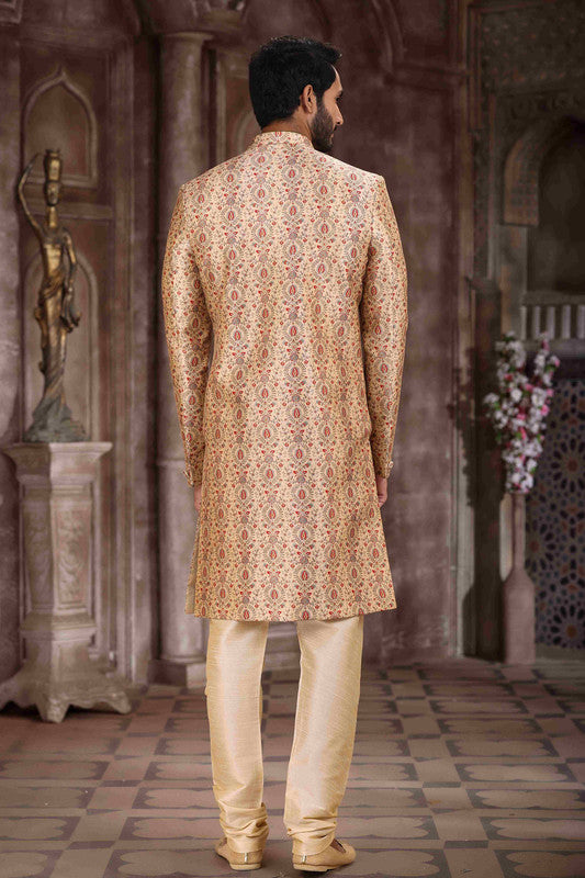 Men's Art Silk Digital Print Sherwani In Beige Colour