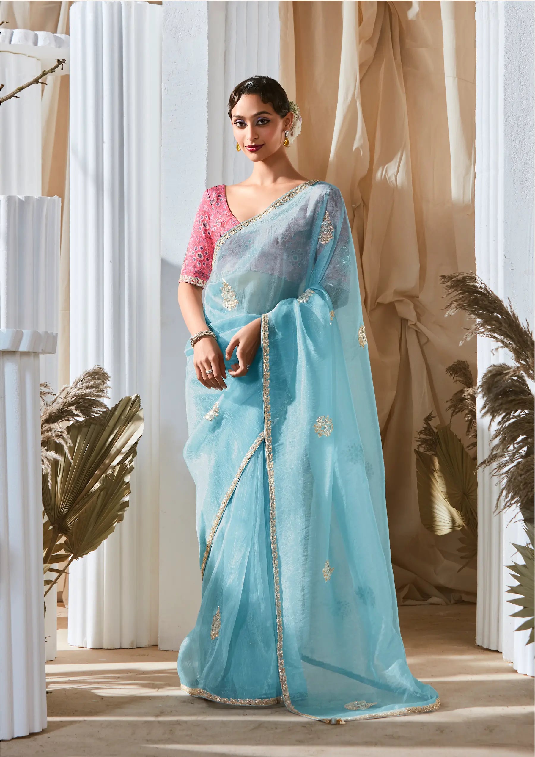 Glacier Blue Fancy Tissue Embroidery Work Saree - qivii