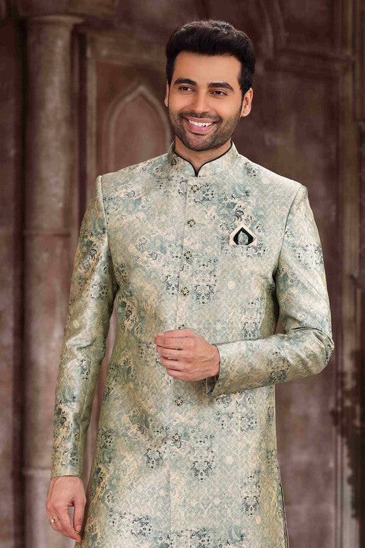 Men's Art Silk Digital Print Sherwani In Light Green Colour