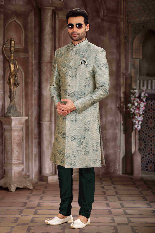 Men's Art Silk Digital Print Sherwani In Light Green Colour