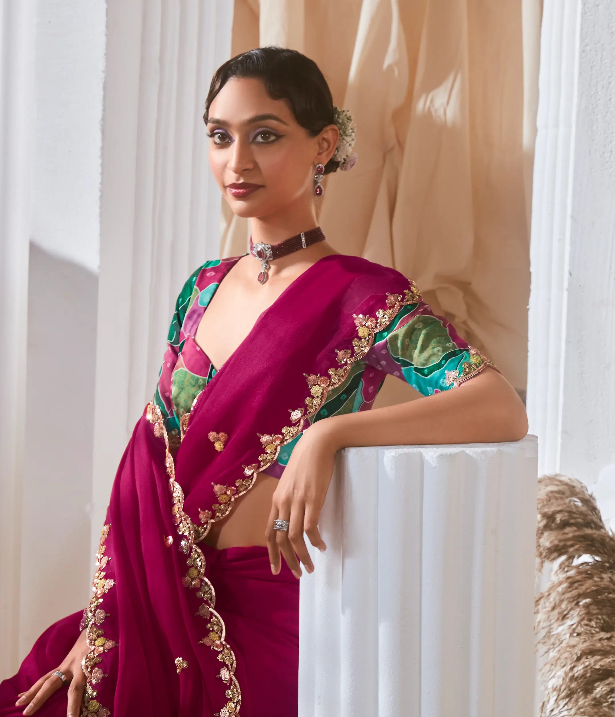 Dark Fuchsia Fancy Tissue Embroidery Work Saree - qivii