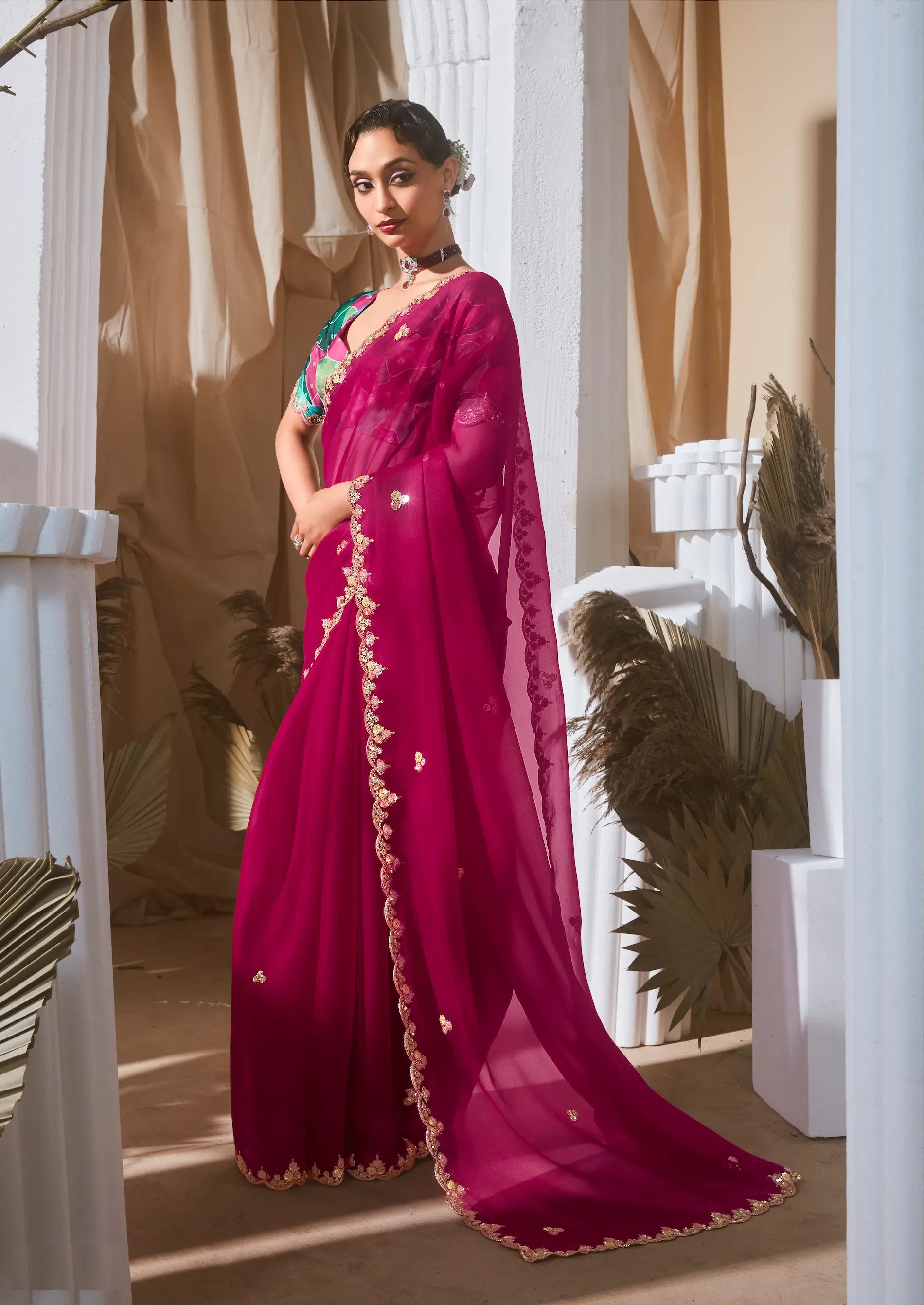 Dark Fuchsia Fancy Tissue Embroidery Work Saree - qivii