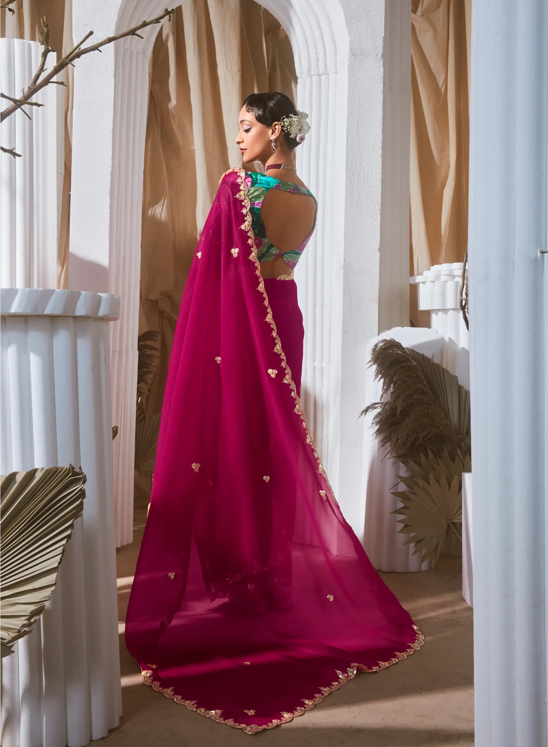 Dark Fuchsia Fancy Tissue Embroidery Work Saree - qivii