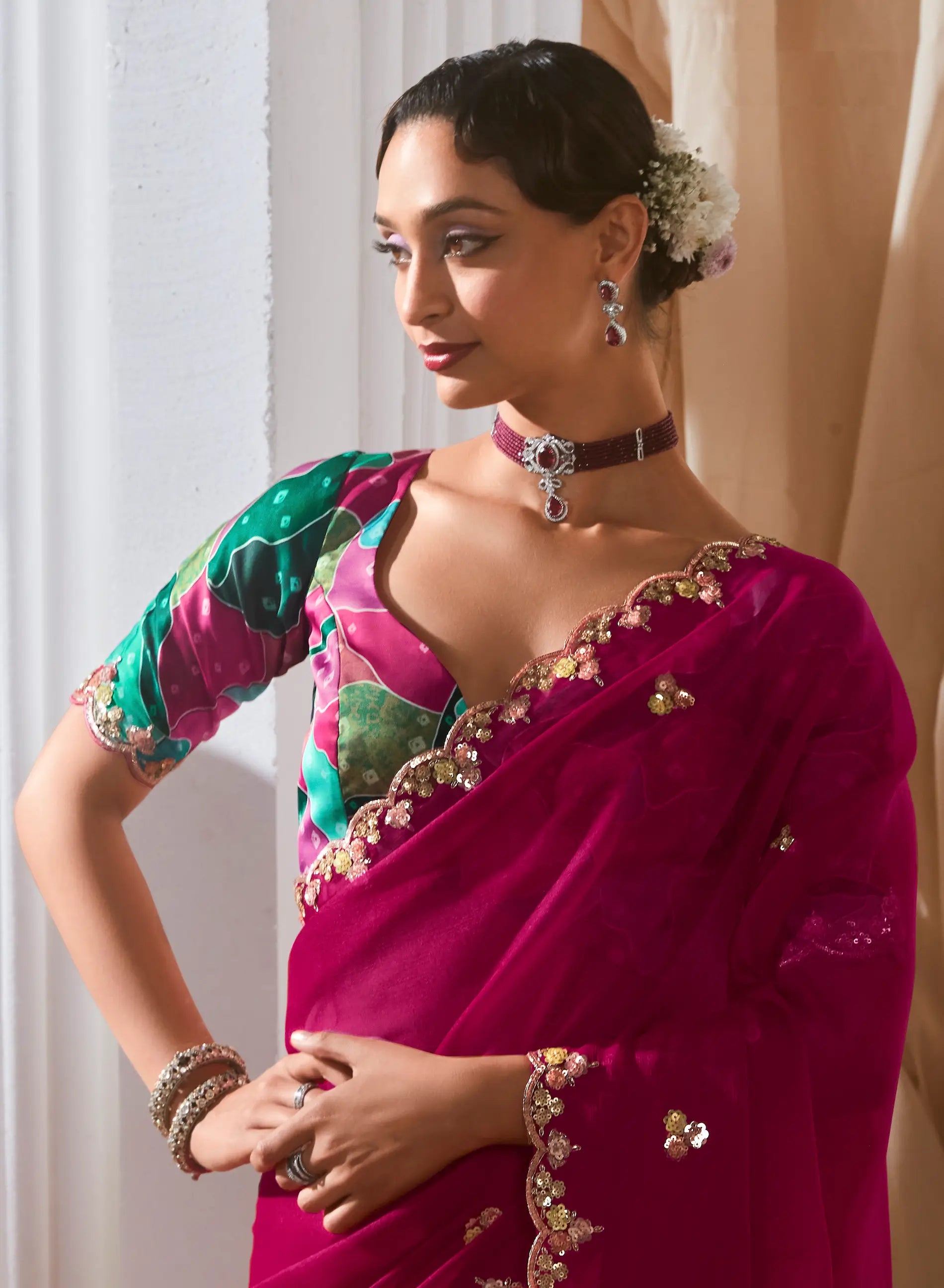 Dark Fuchsia Fancy Tissue Embroidery Work Saree - qivii