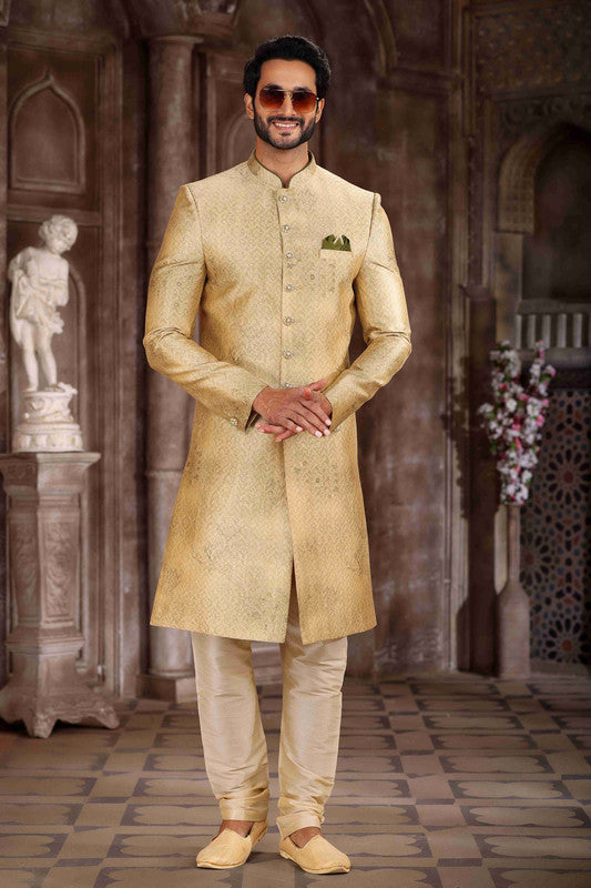 Men's Art Silk Digital Print Sherwani In Yellow Colour