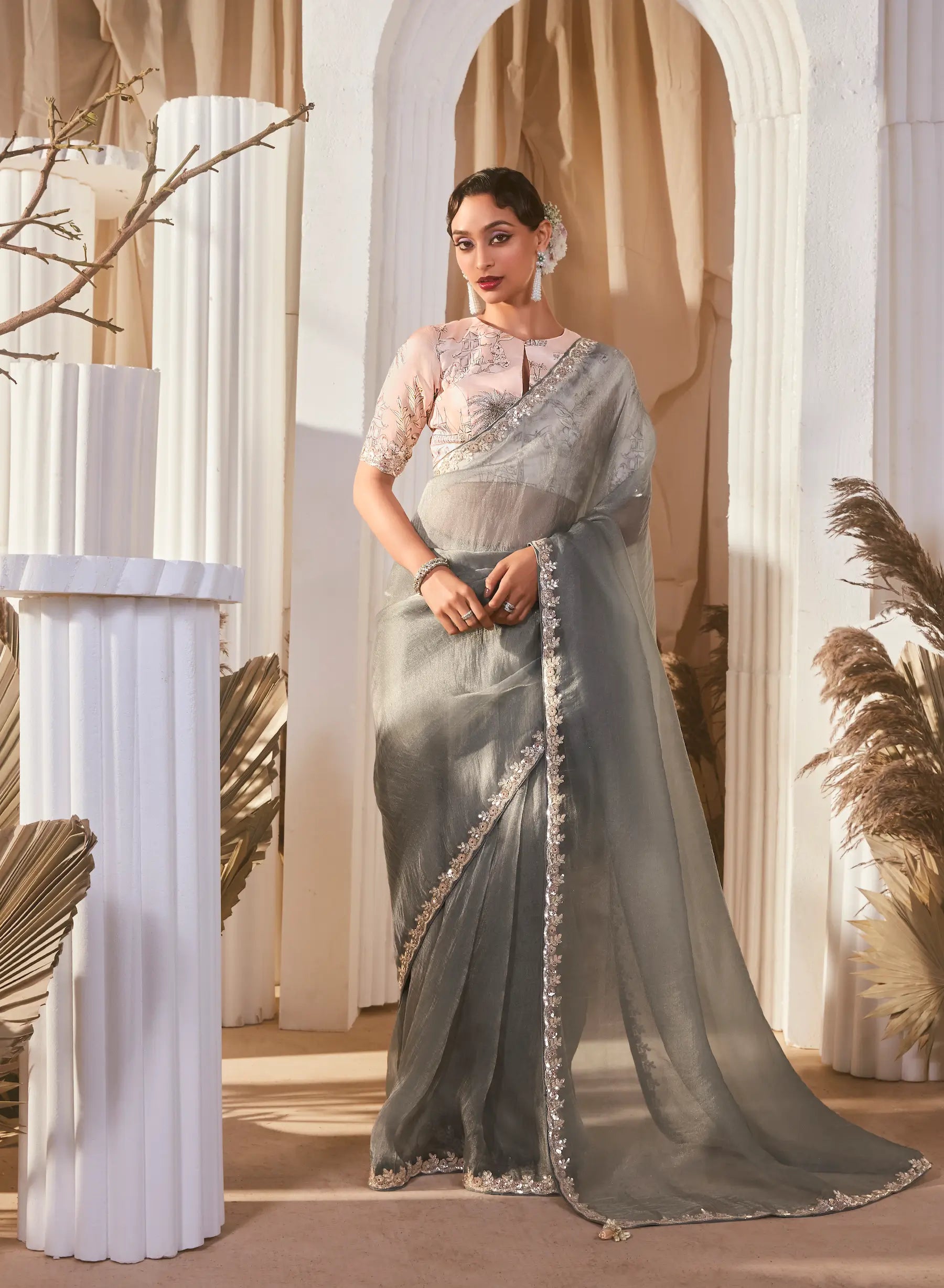 Grey Fancy Tissue Embroidery Work Saree - qivii