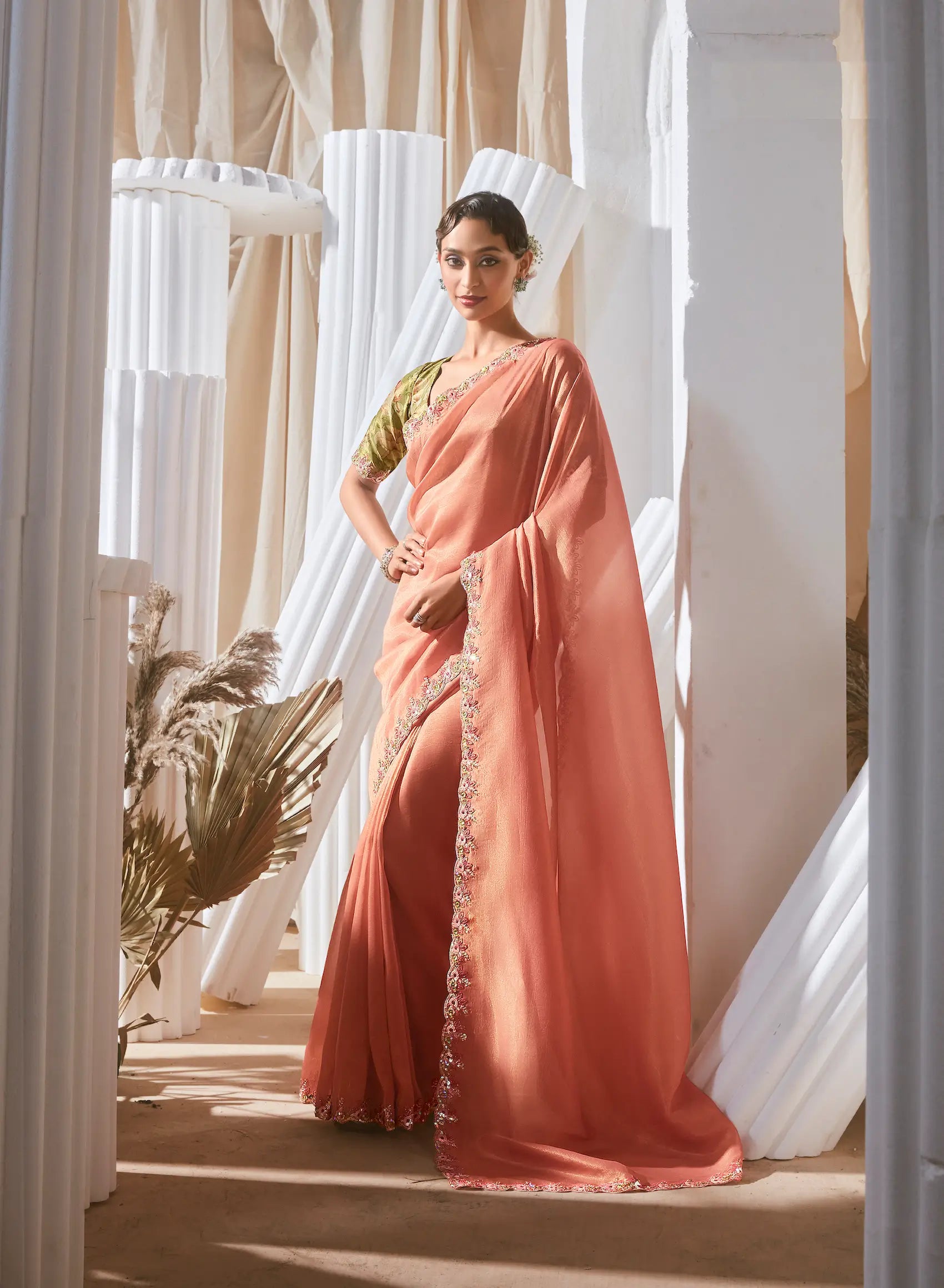 Peach Fancy Tissue Embroidery Work Saree - qivii