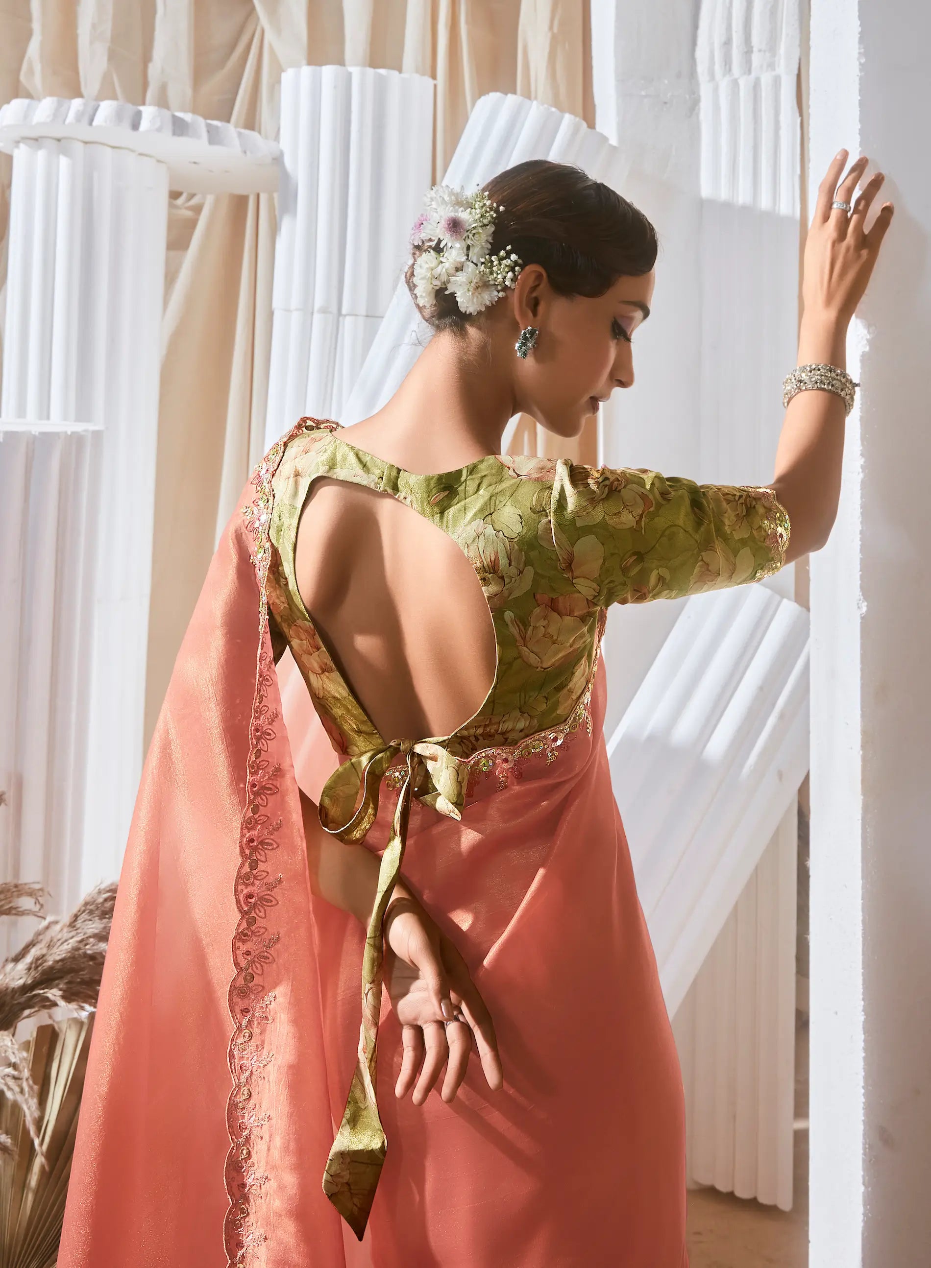 Peach Fancy Tissue Embroidery Work Saree - qivii