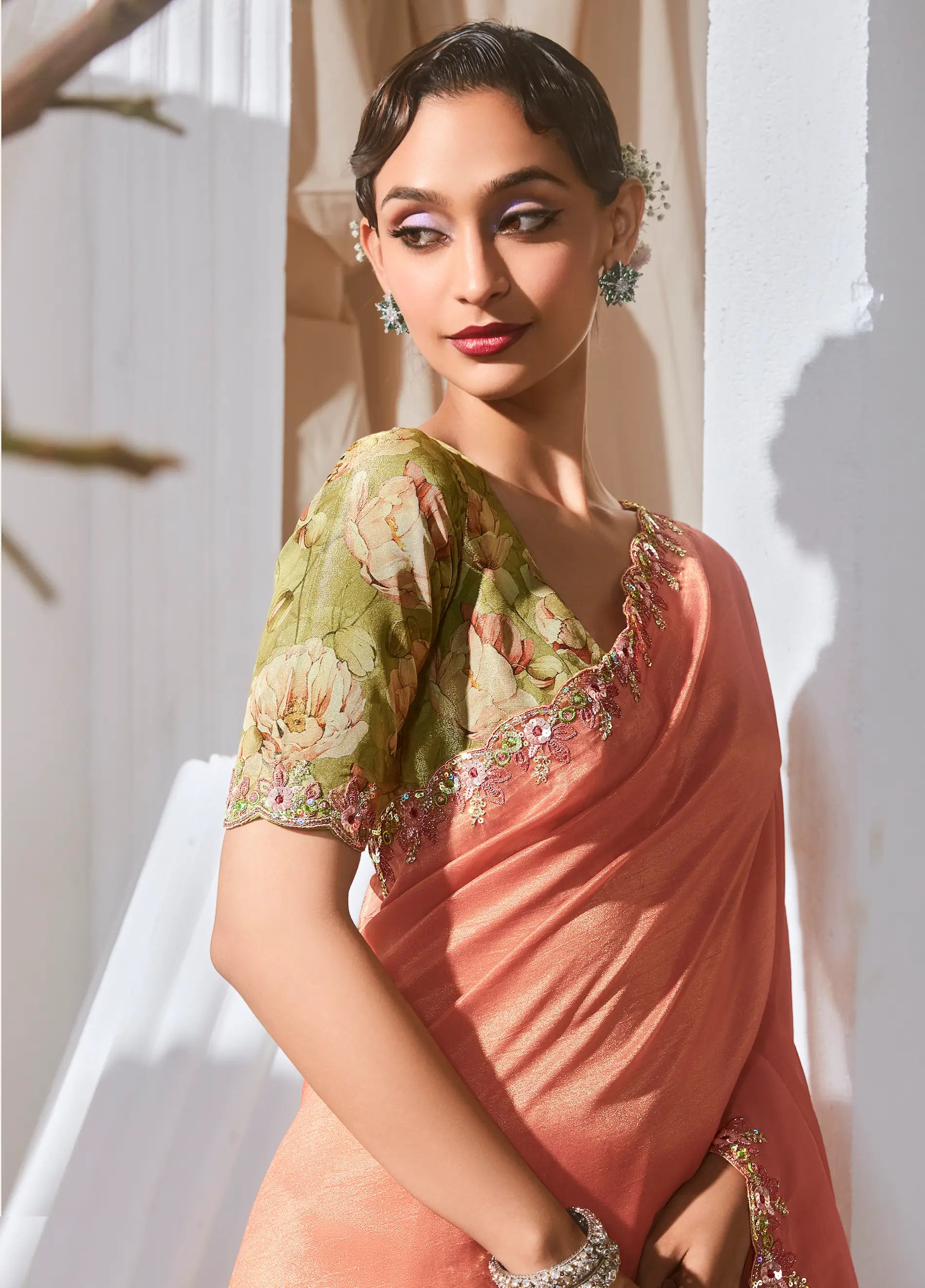 Peach Fancy Tissue Embroidery Work Saree - qivii