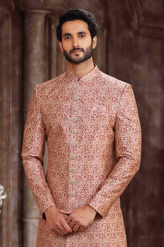 Men's Art Silk Digital Print Sherwani In Pink Colour