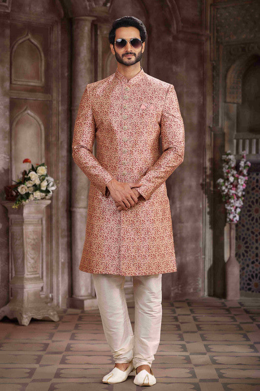 Men's Art Silk Digital Print Sherwani In Pink Colour