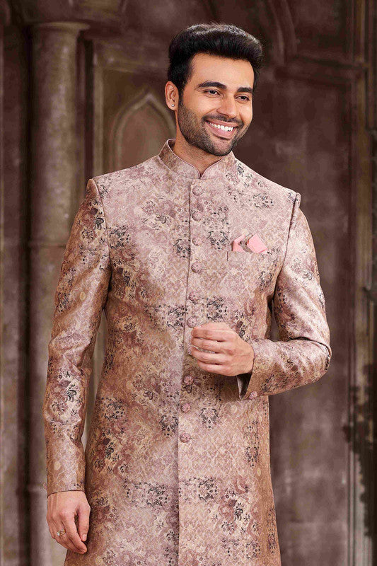 Men's Art Silk Digital Print Sherwani In Peach Colour