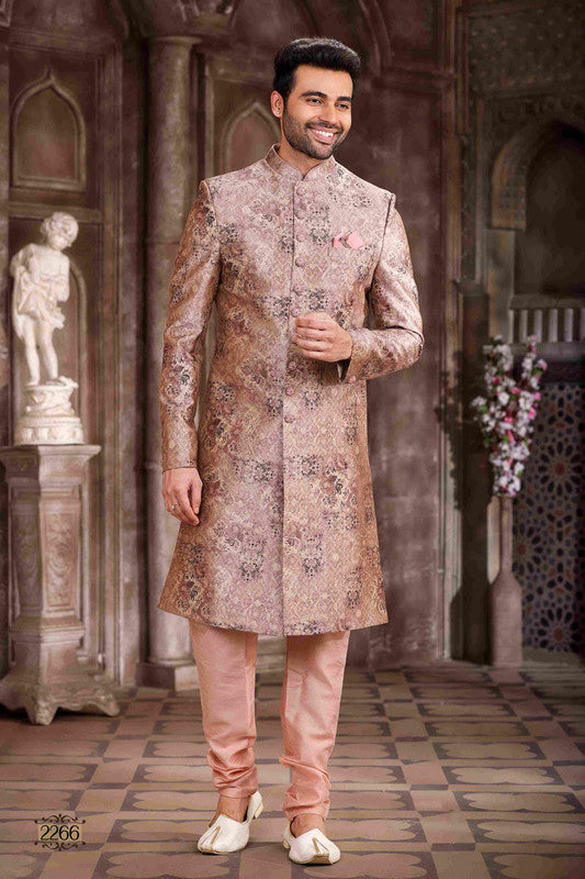 Men's Art Silk Digital Print Sherwani In Peach Colour
