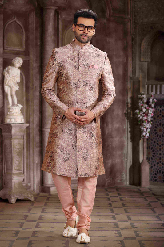 Men's Art Silk Digital Print Sherwani In Peach Colour