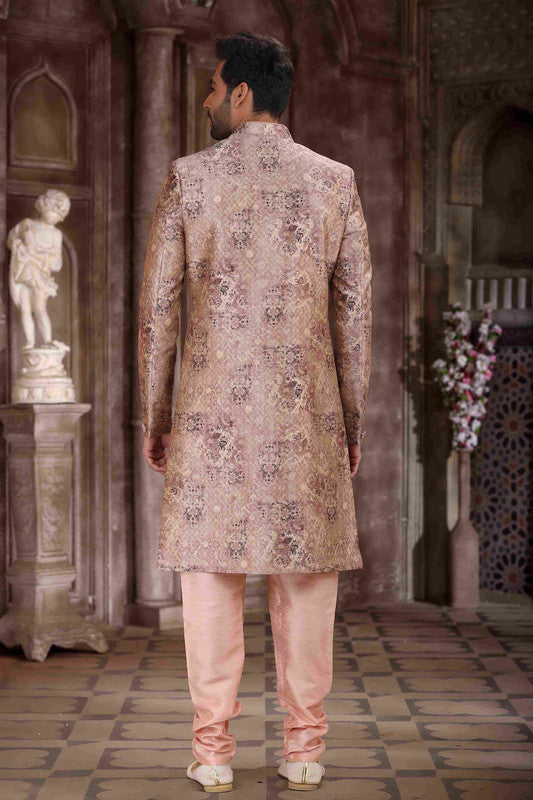 Men's Art Silk Digital Print Sherwani In Peach Colour