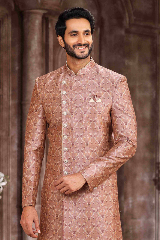 Men's Art Silk Digital Print Sherwani In Onion Pink Colour
