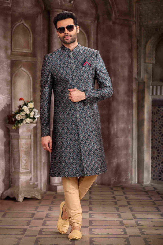Men's Art Silk Digital Print Sherwani In Green Colour