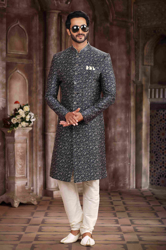 Men's Art Silk Digital Print Sherwani In Grey Black Colour