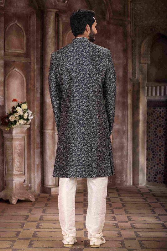 Men's Art Silk Digital Print Sherwani In Grey Black Colour