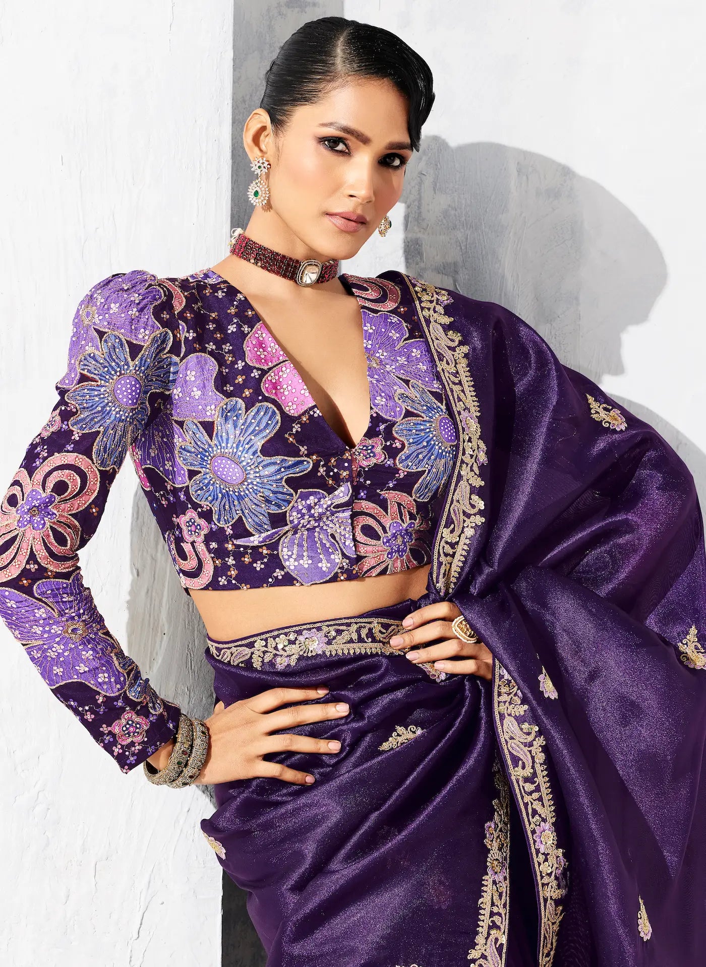 Dark Purple Glass Tissue Embroidery Party Wear Saree - qivii