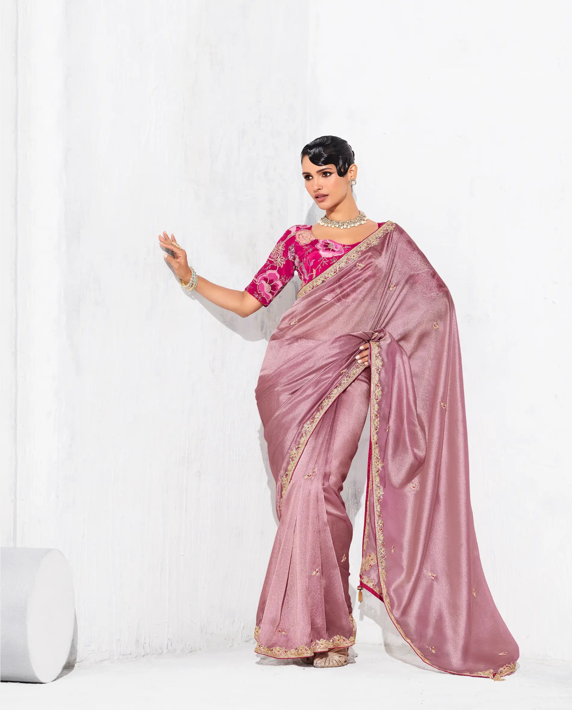 Rosy Pink Glass Tissue Embroidery Party Wear Saree - qivii
