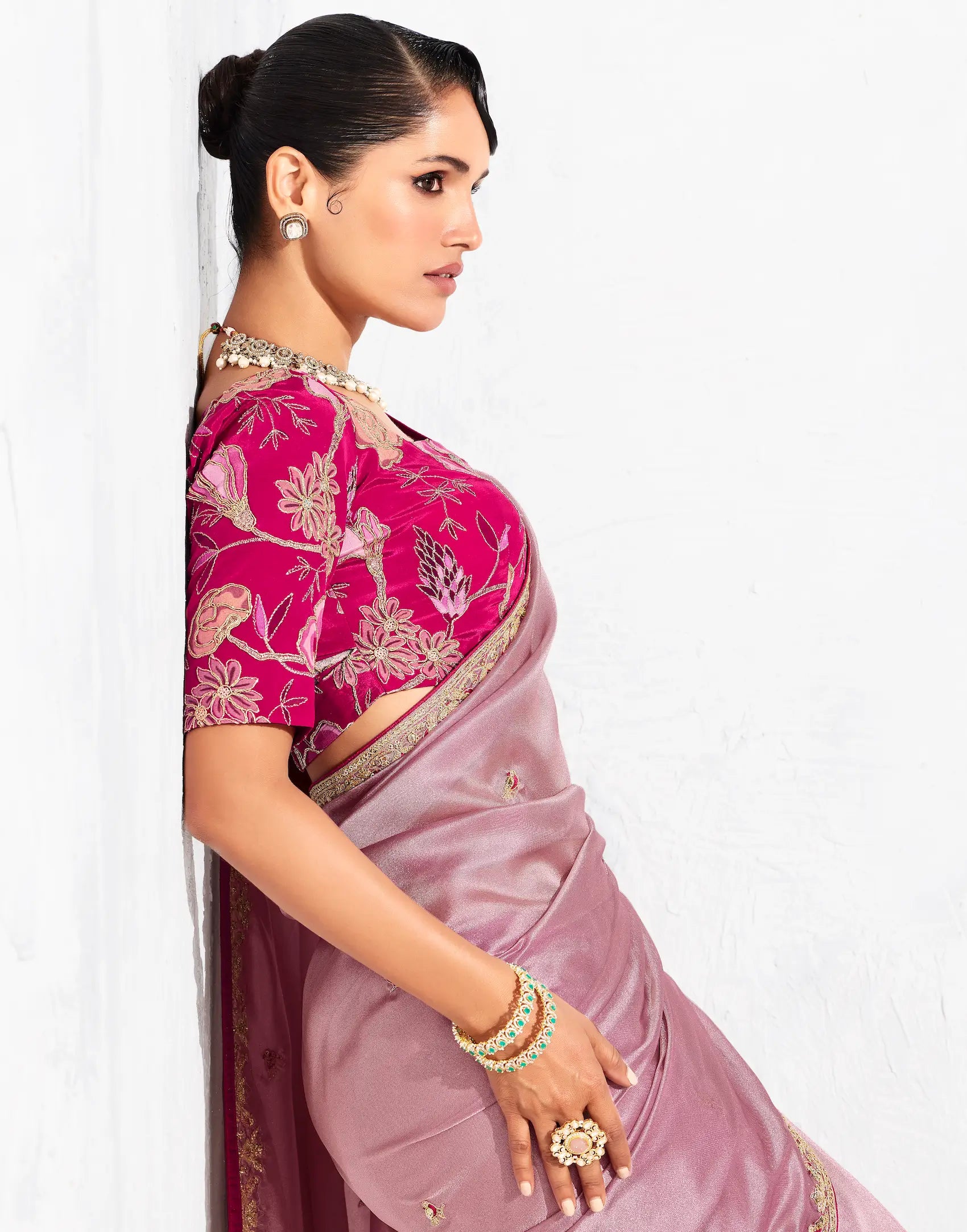Rosy Pink Glass Tissue Embroidery Party Wear Saree - qivii