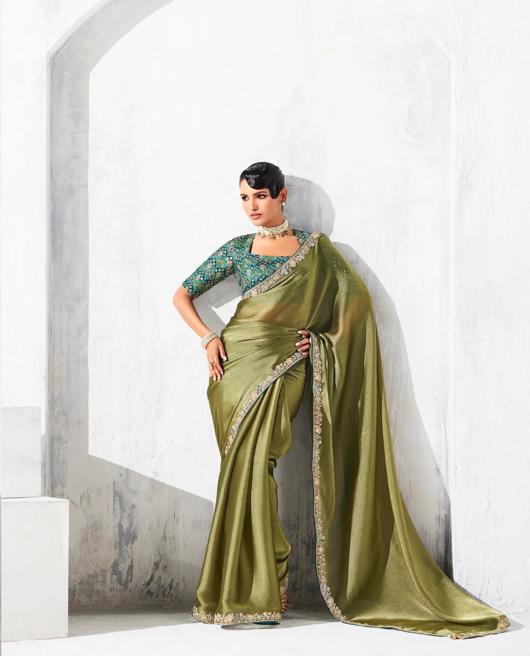 Olive Green Glass Tissue Embroidery Party Wear Saree - qivii