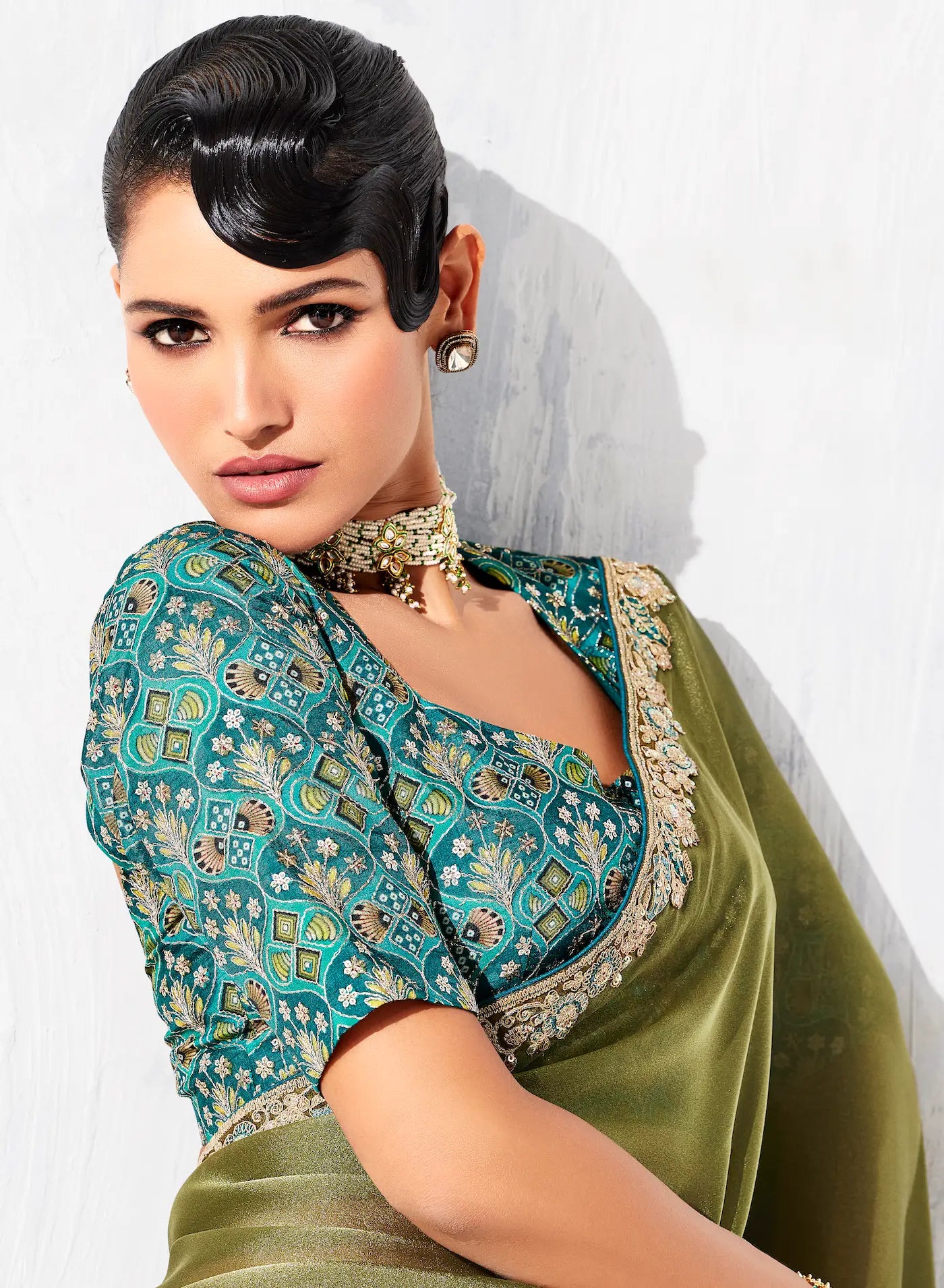 Olive Green Glass Tissue Embroidery Party Wear Saree - qivii