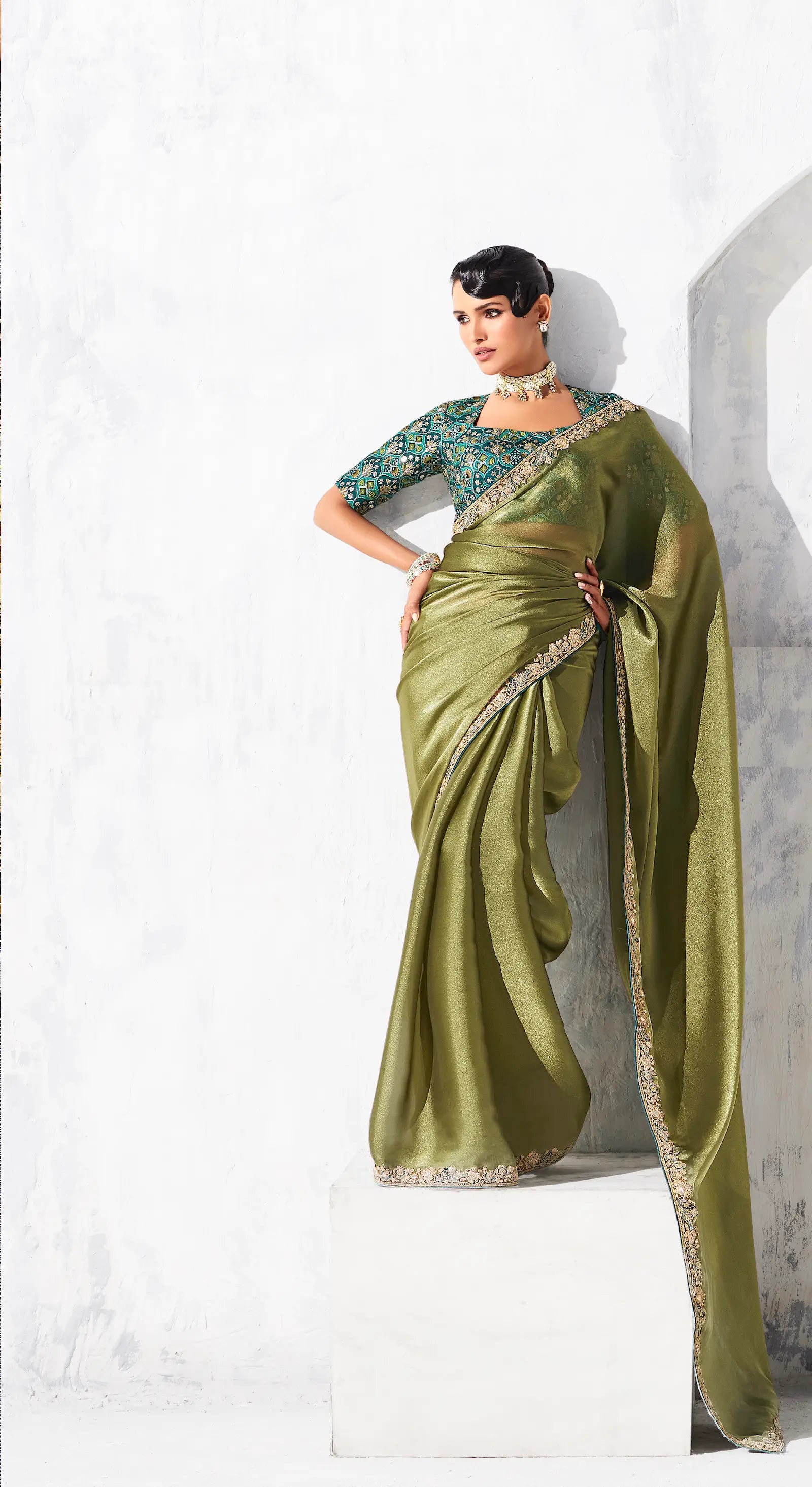Olive Green Glass Tissue Embroidery Party Wear Saree - qivii