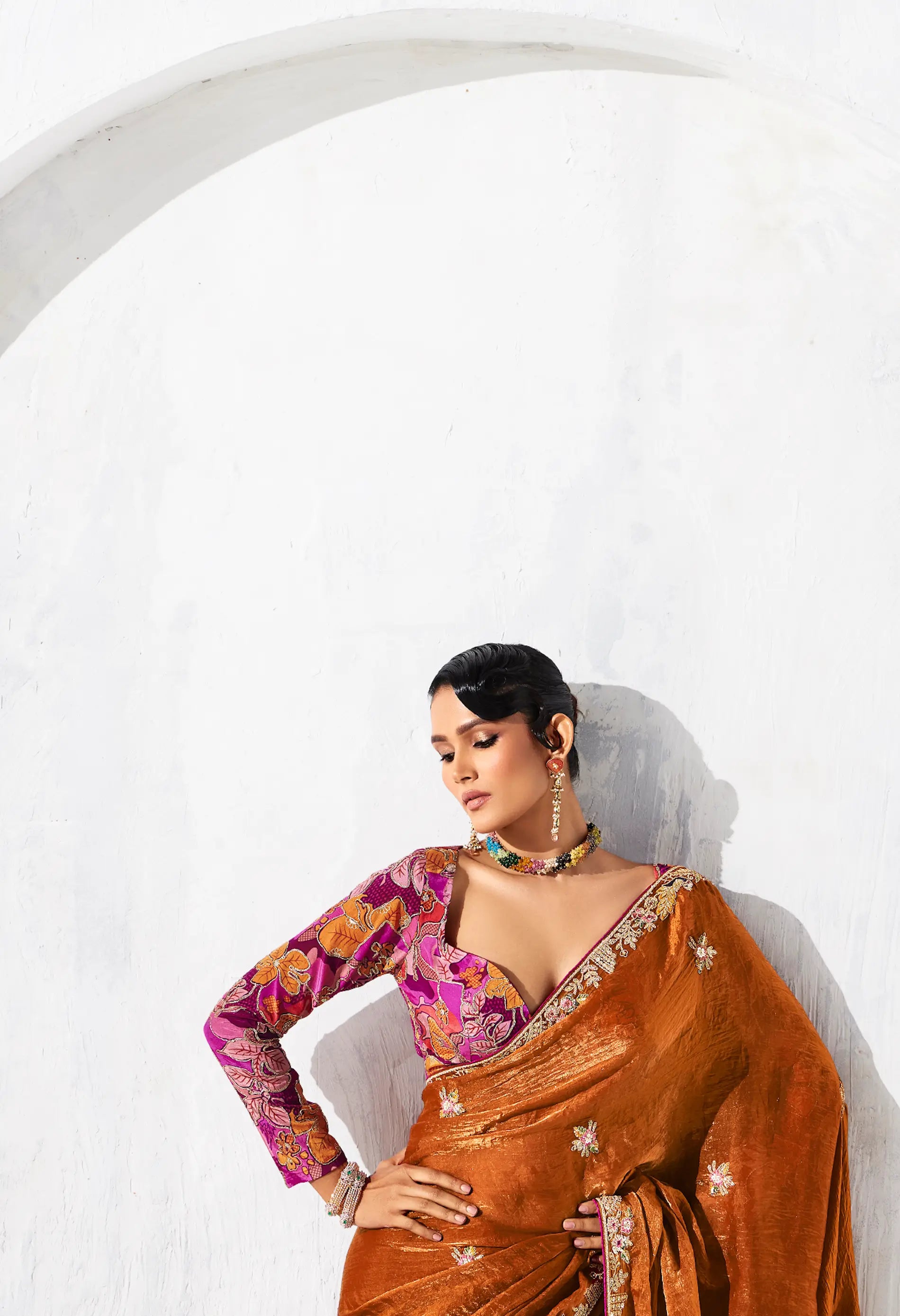 Rust Orange Glass Tissue Embroidery Party Wear Saree - qivii