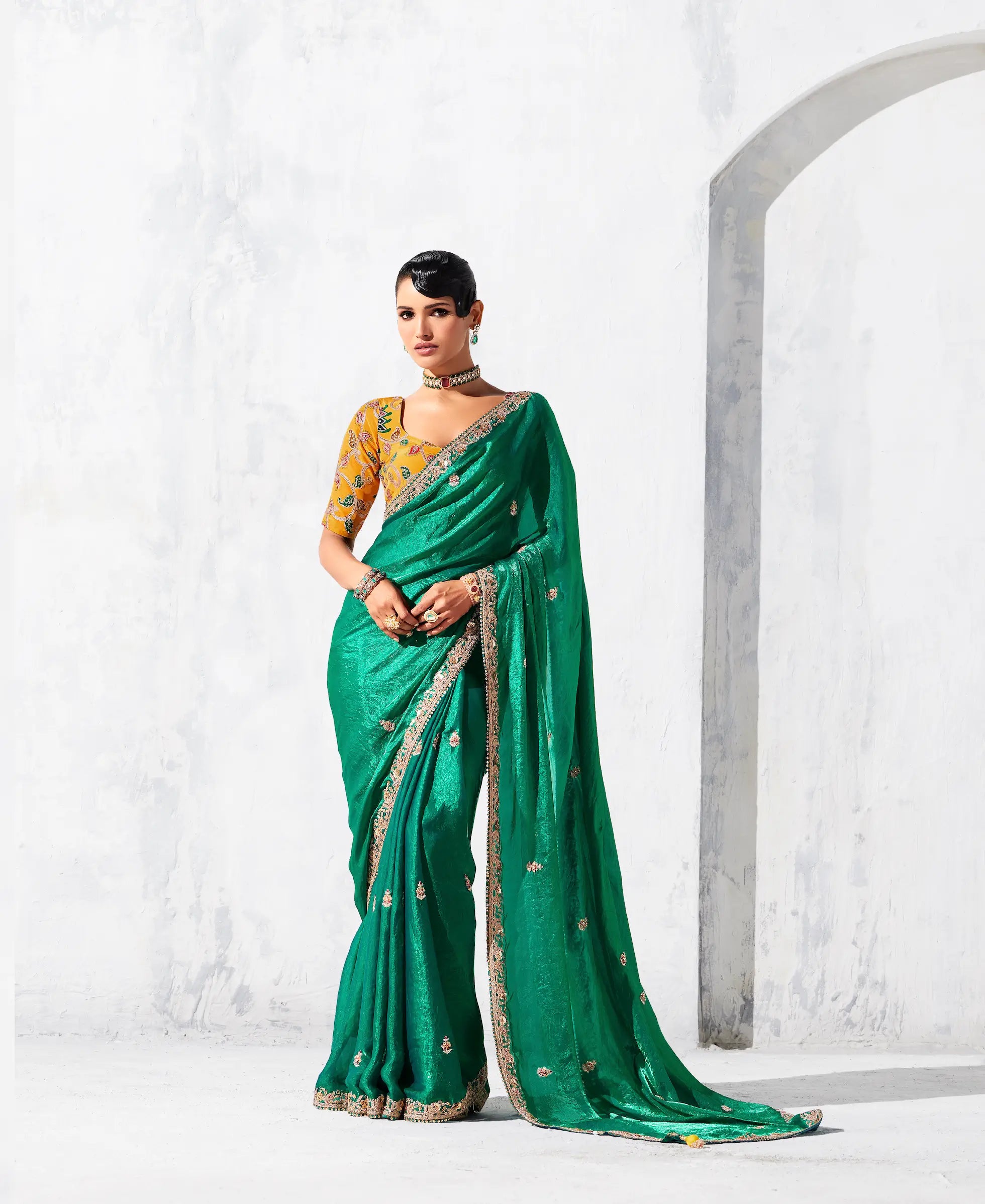 Dark Green Glass Tissue Embroidery Party Wear Saree - qivii