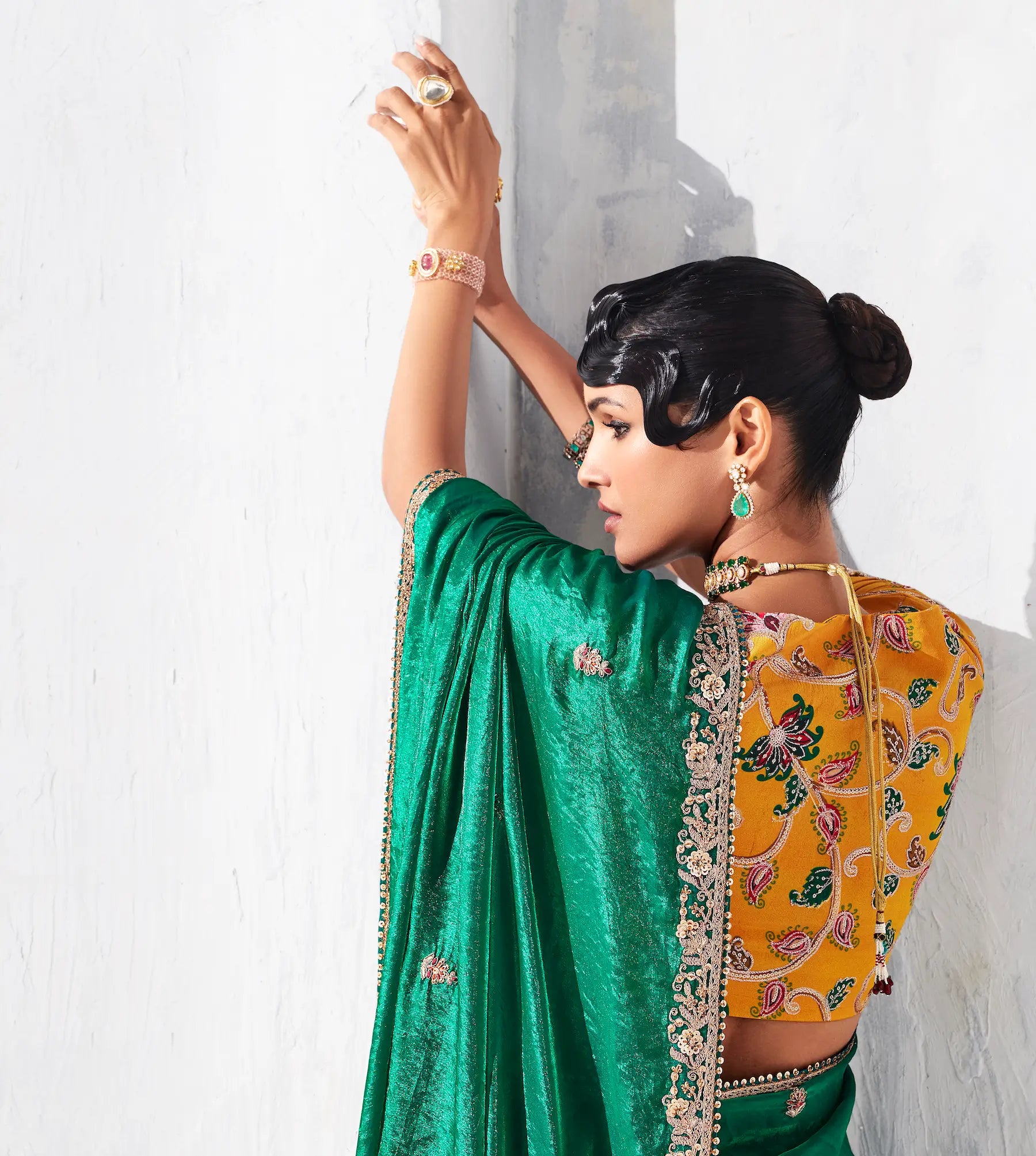 Dark Green Glass Tissue Embroidery Party Wear Saree - qivii