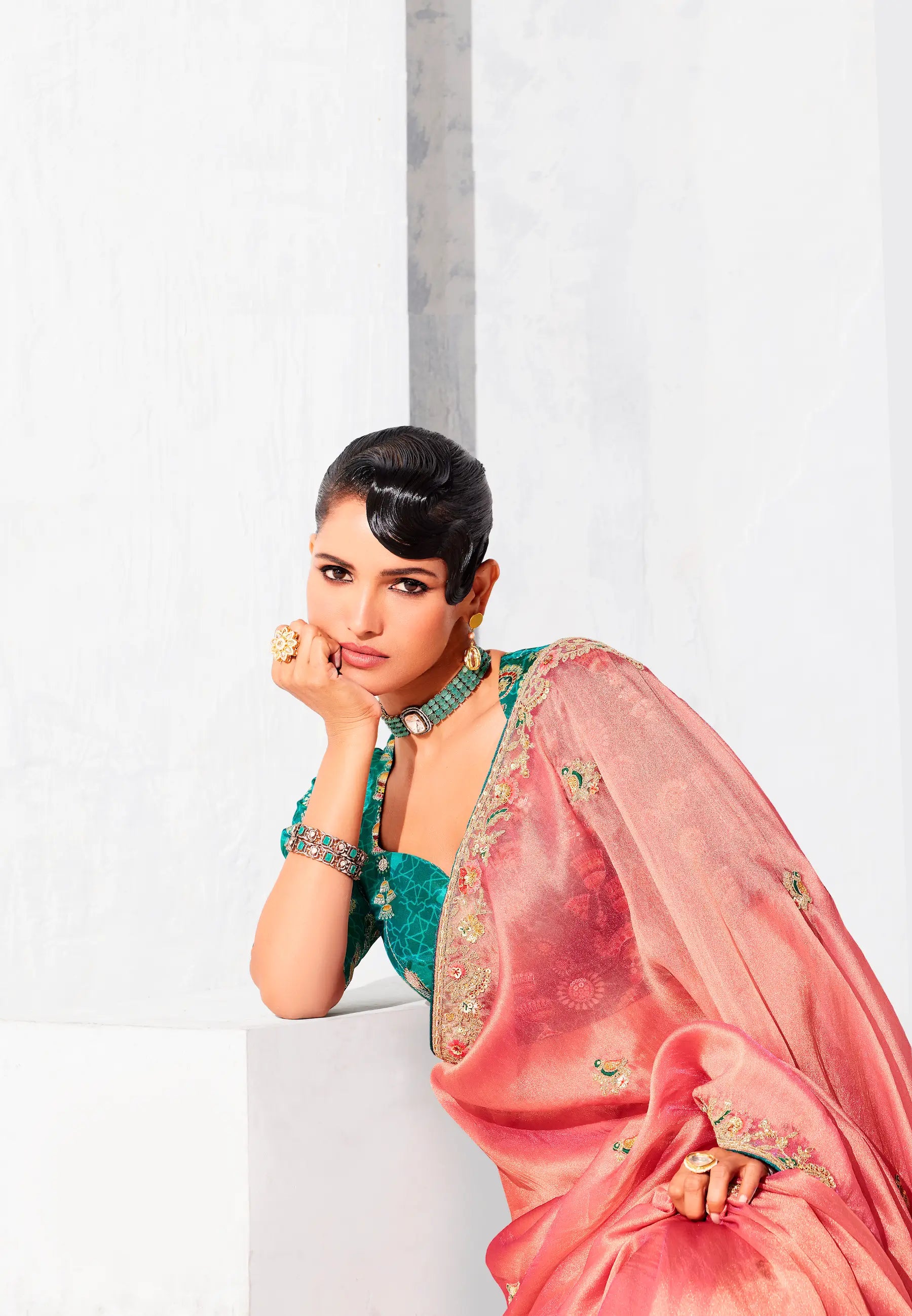 Peach Pink Glass Tissue Embroidery Party Wear Saree - qivii