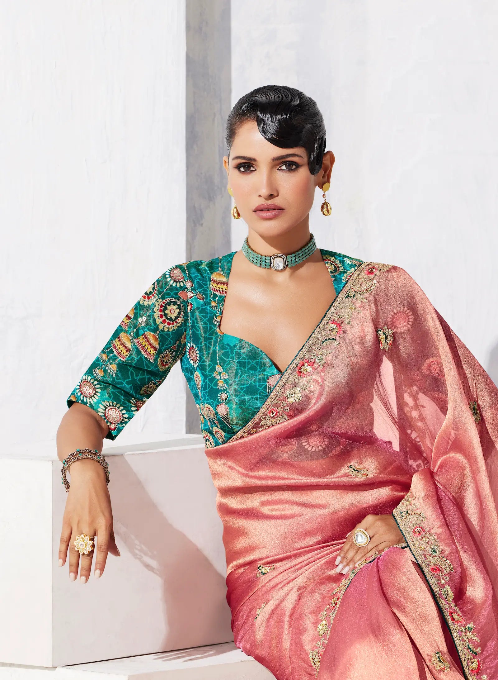 Peach Pink Glass Tissue Embroidery Party Wear Saree - qivii