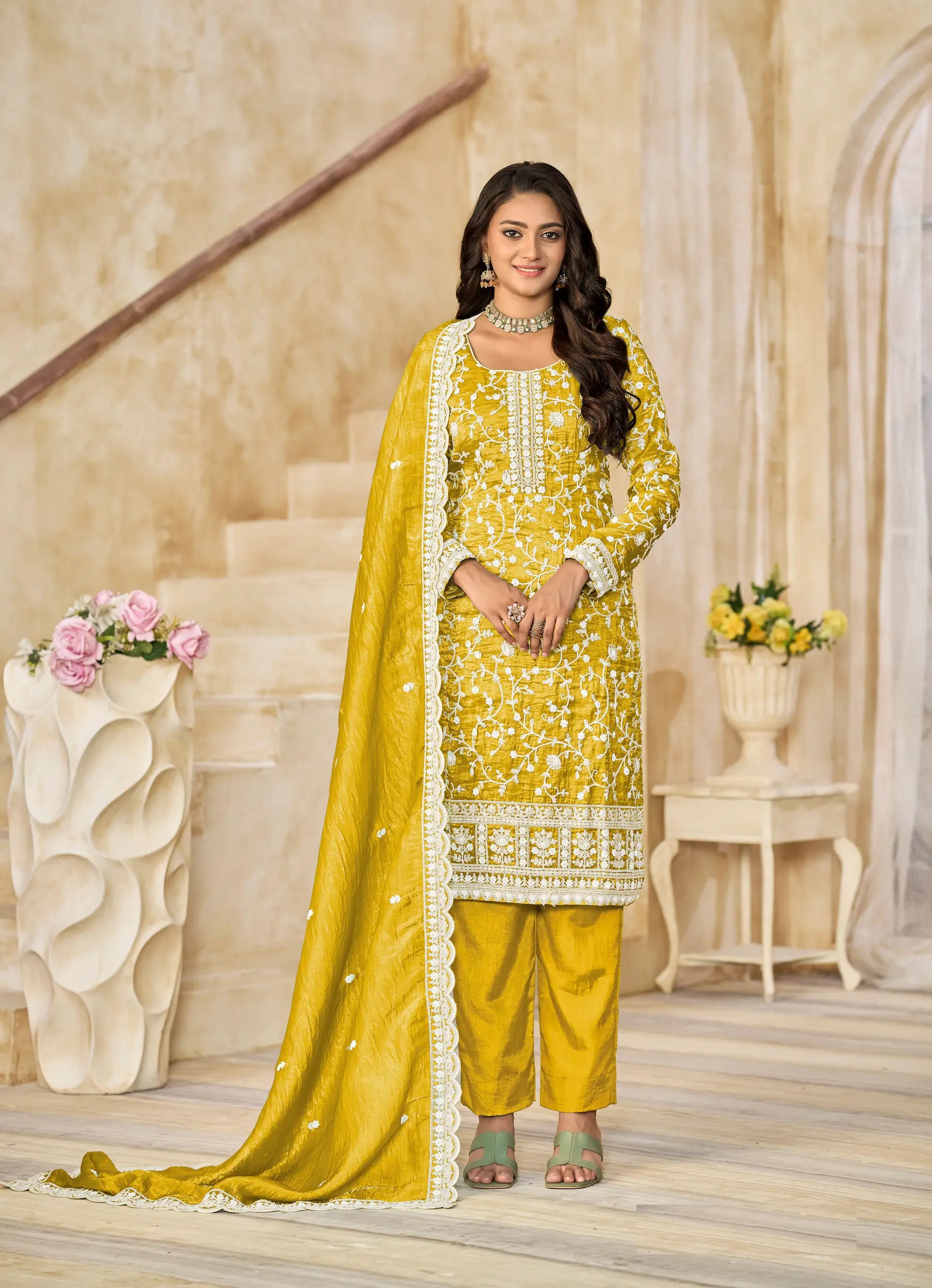 Yellow Crush Organza Embroidery Work Lehenga Choli - qivii