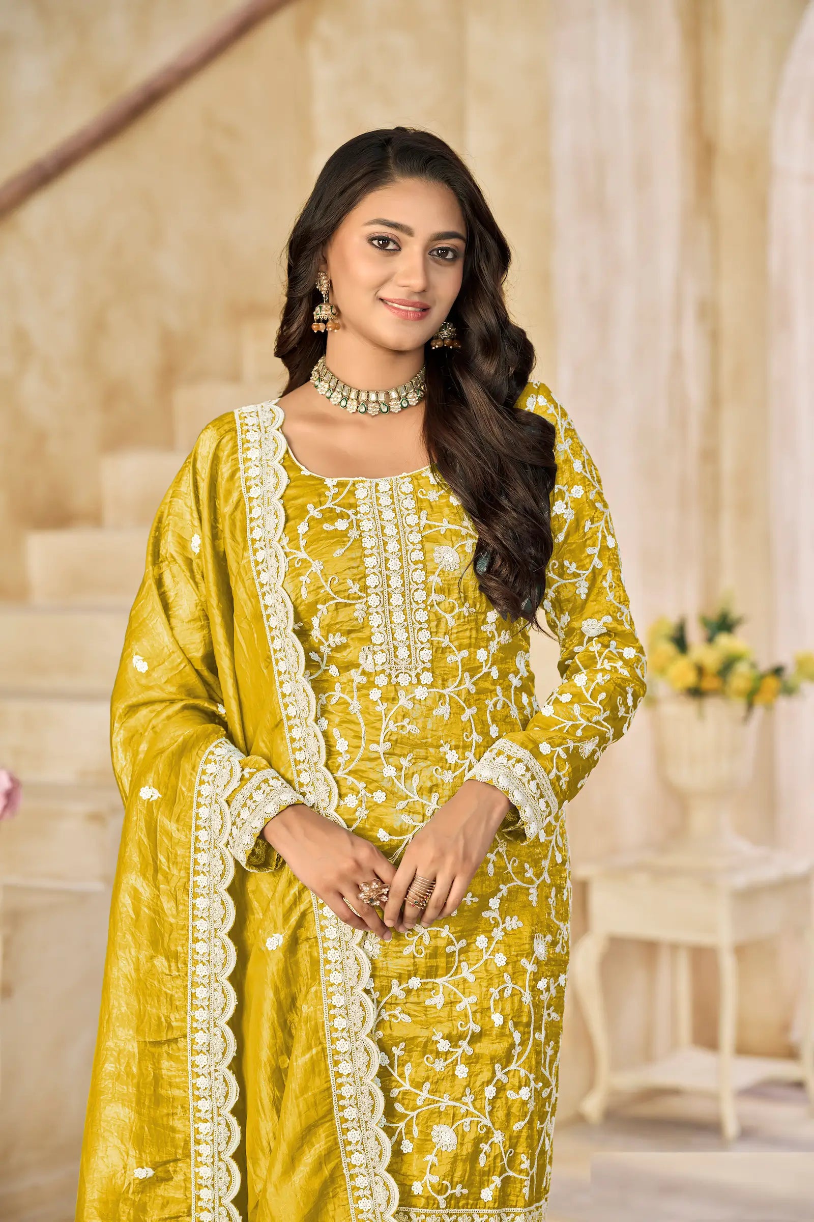 Yellow Crush Organza Embroidery Work Lehenga Choli - qivii