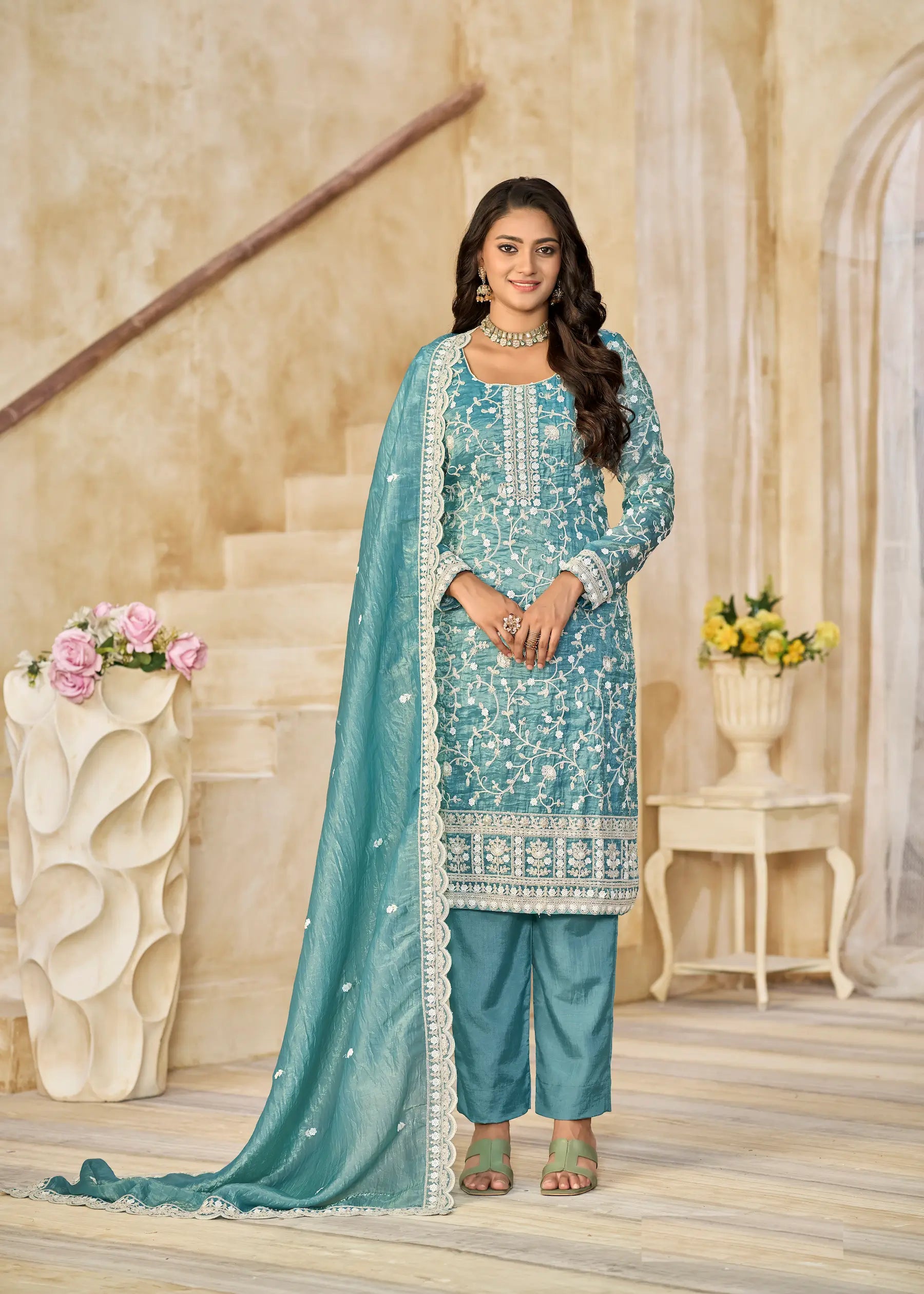 Teal Blue Crush Organza Embroidery Work Lehenga Choli - qivii
