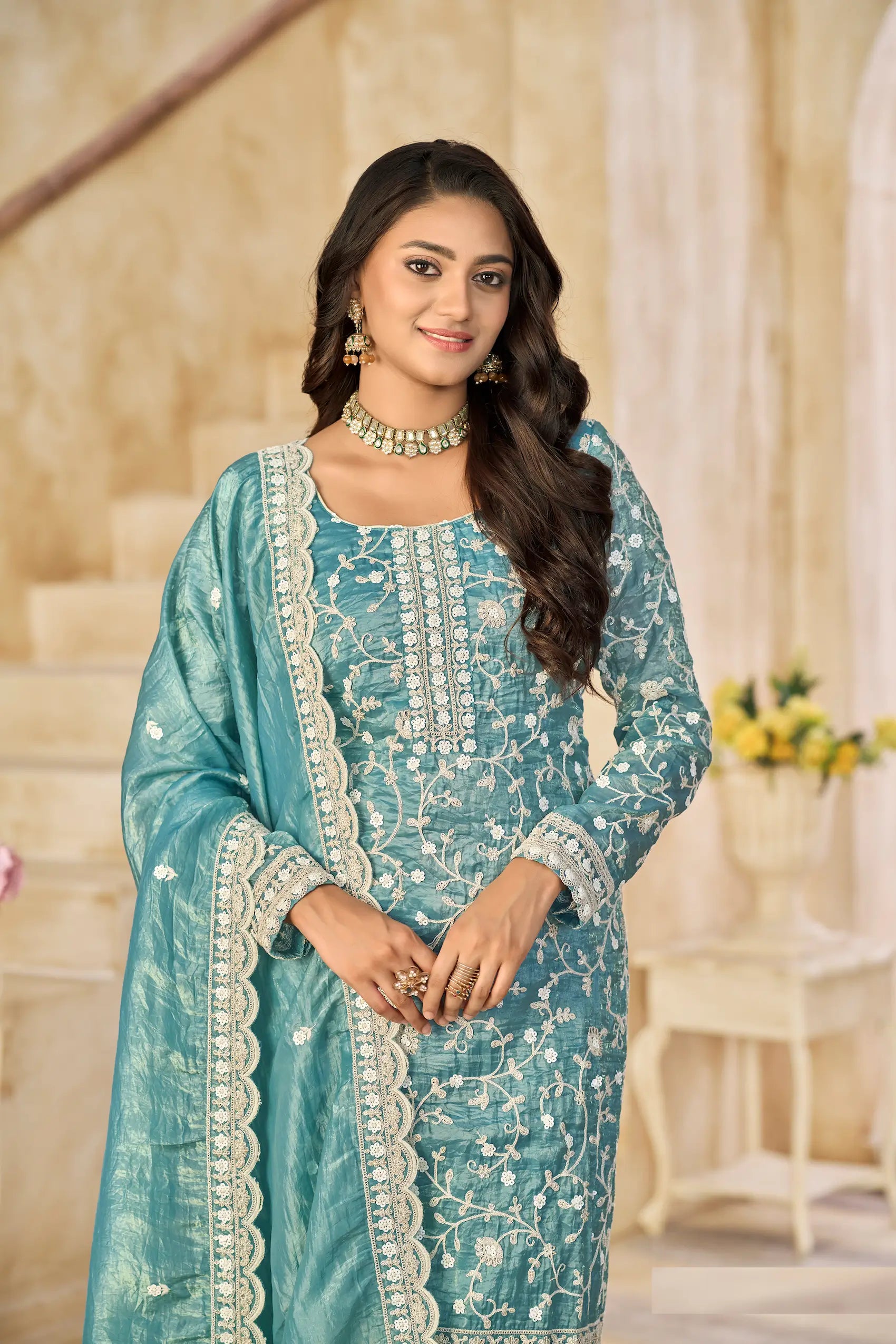 Teal Blue Crush Organza Embroidery Work Lehenga Choli - qivii