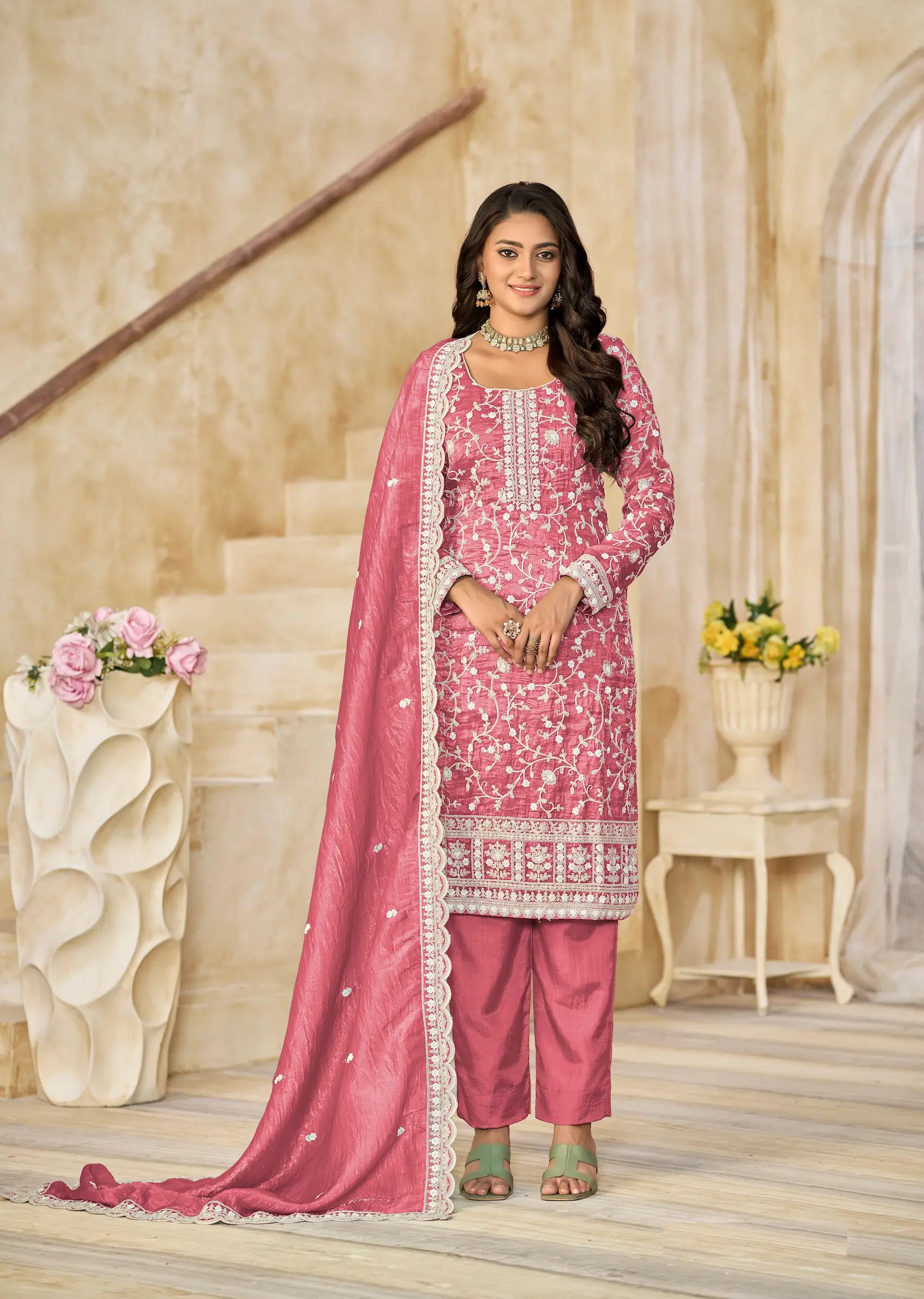 Light Pink Crush Organza Embroidery Work Lehenga Choli - qivii