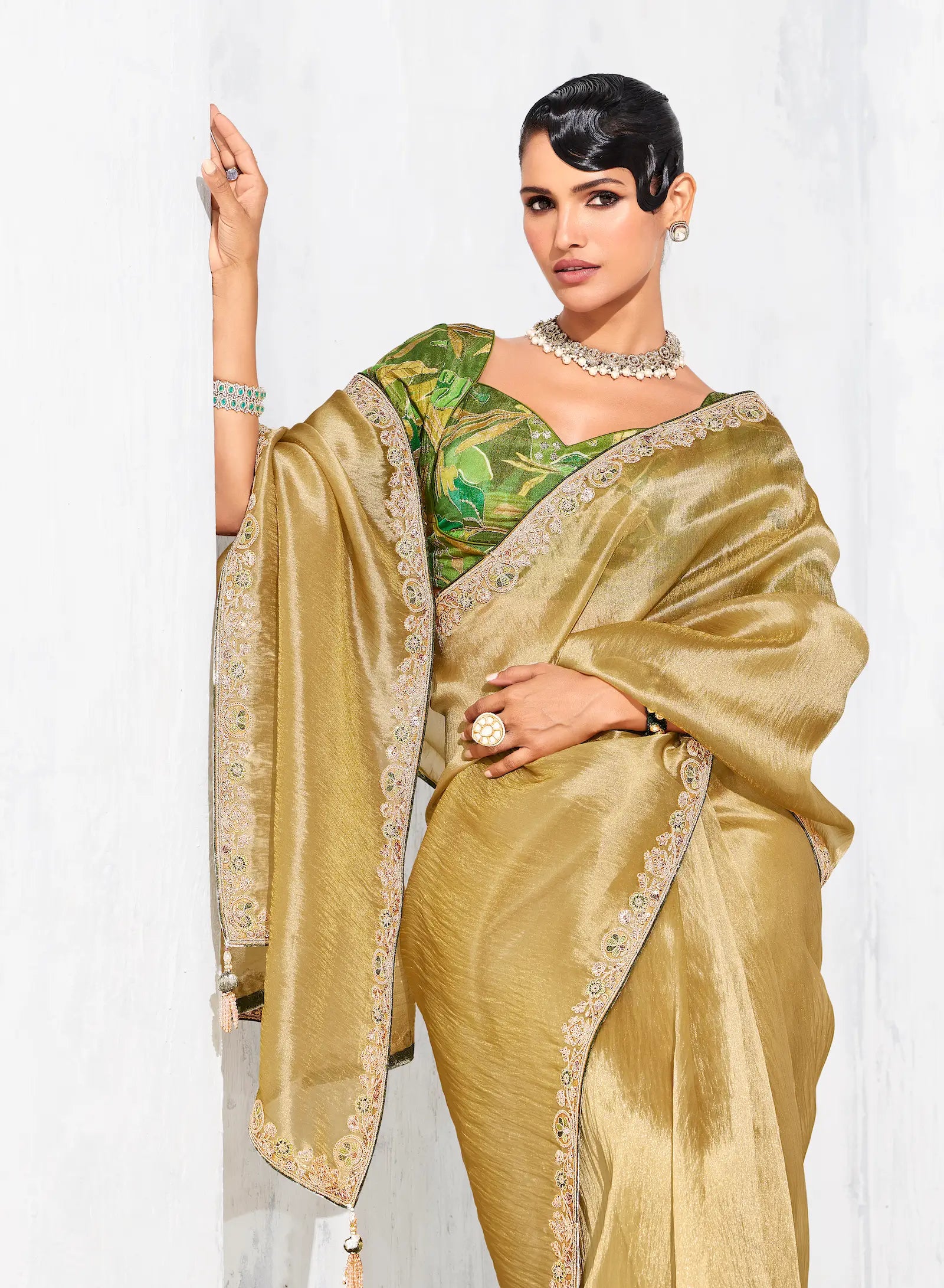 Sand Yellow Glass Tissue Embroidery Party Wear Saree - qivii