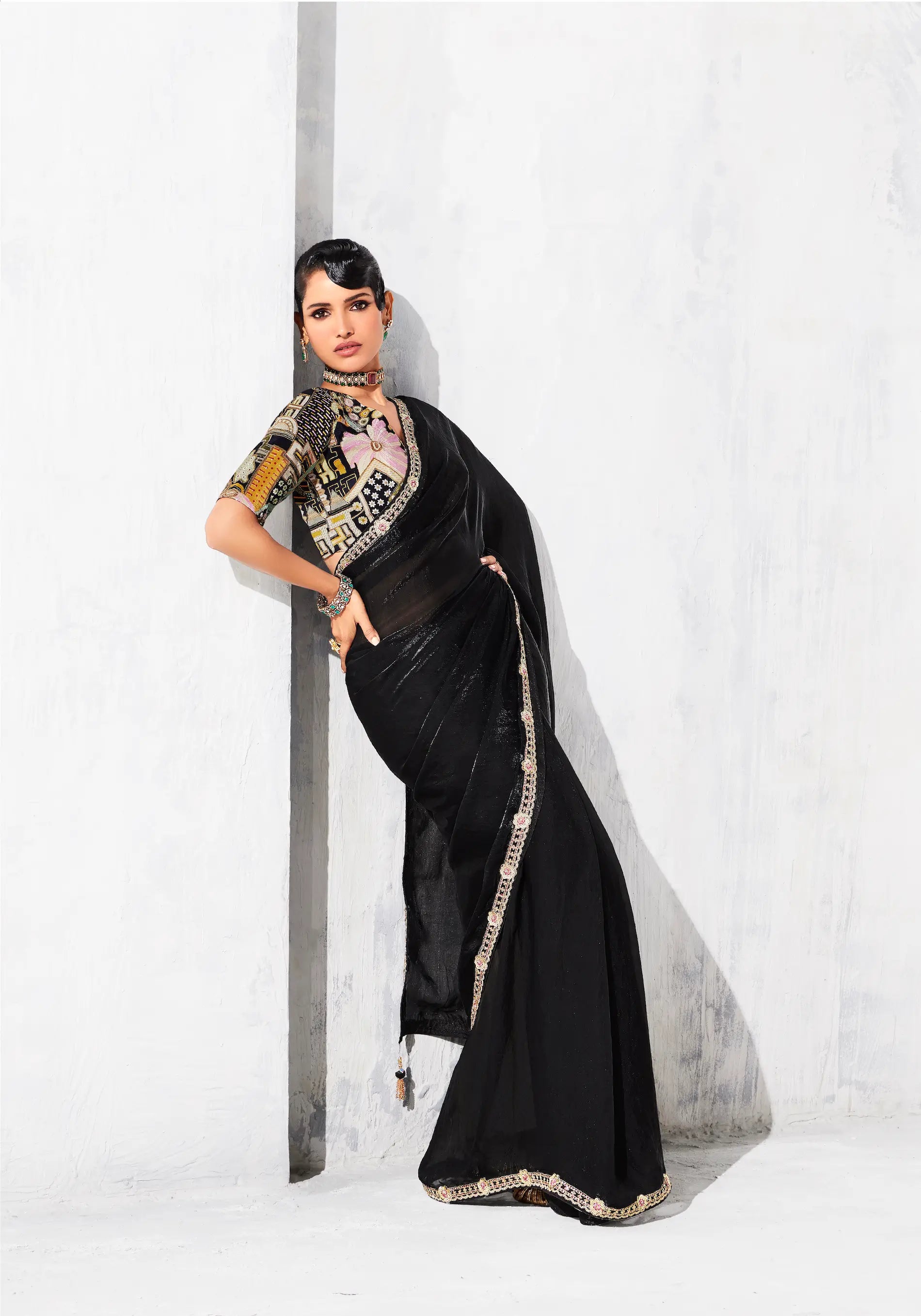 Hot Black Glass Tissue Embroidery Party Wear Saree - qivii