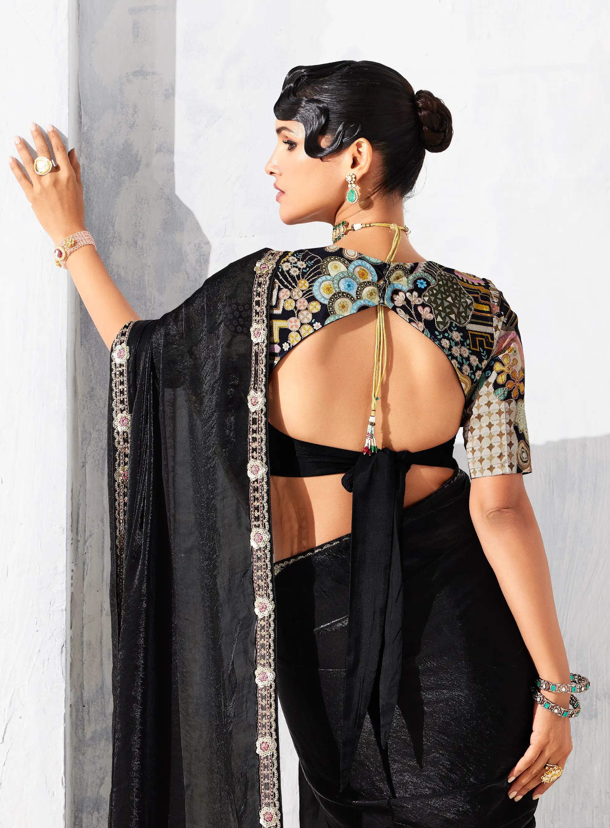 Hot Black Glass Tissue Embroidery Party Wear Saree - qivii