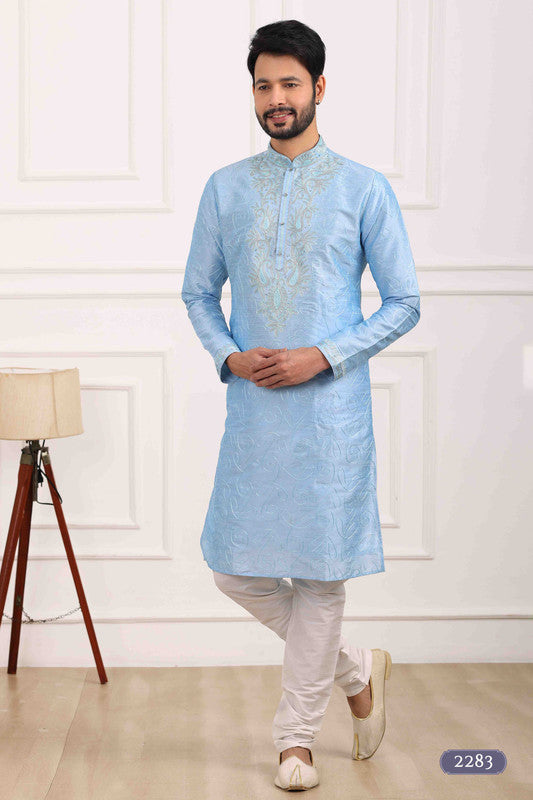 Men's Art Banarasi Silk Thread Work Kurta Pajama In Sky Blue Colour