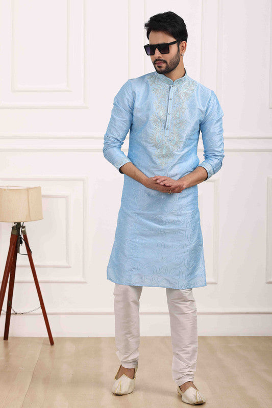 Men's Art Banarasi Silk Thread Work Kurta Pajama In Sky Blue Colour