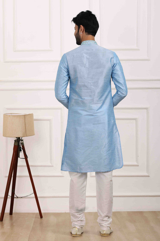 Men's Art Banarasi Silk Thread Work Kurta Pajama In Sky Blue Colour