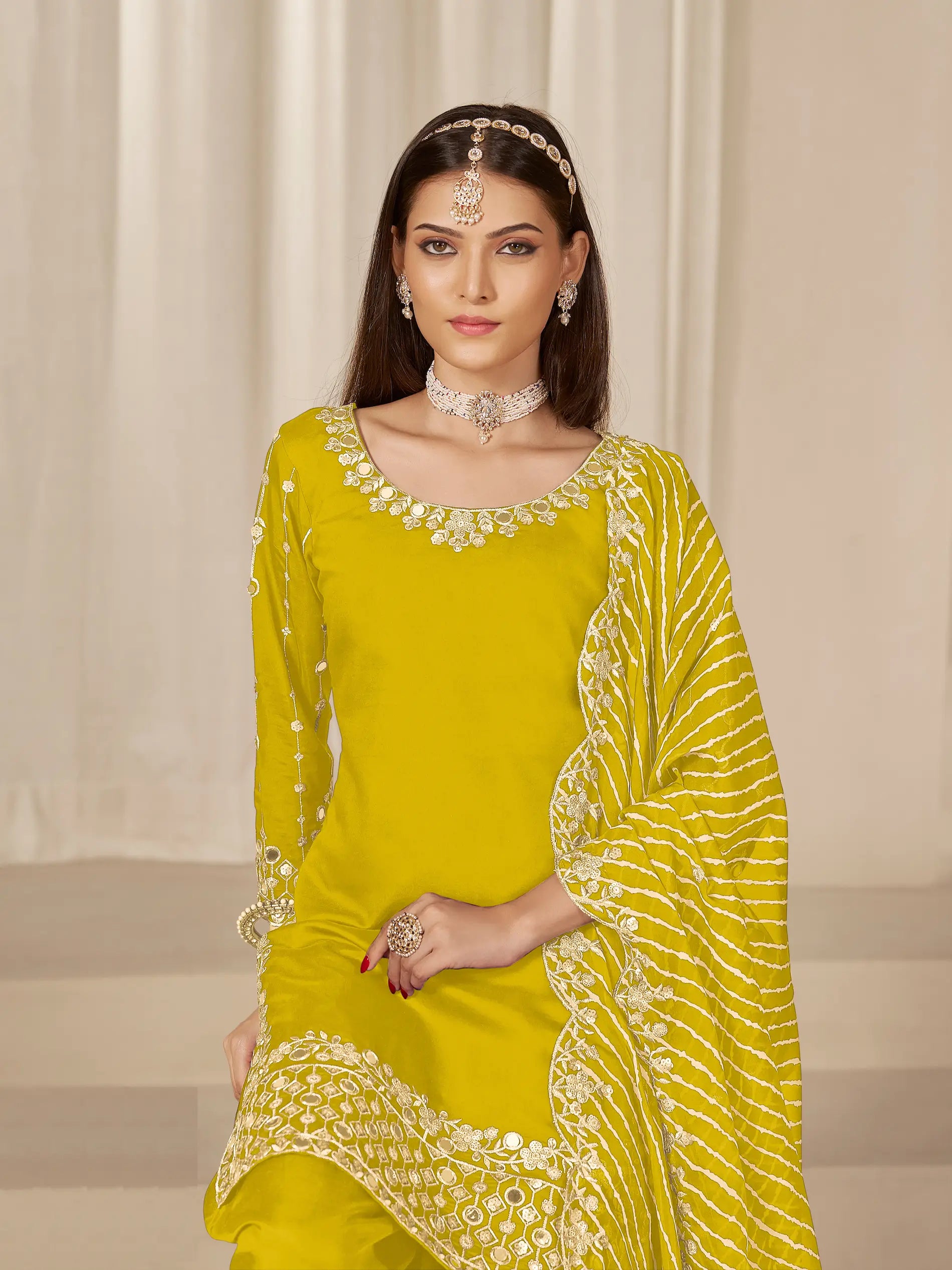 Yellow Roman Silk Mirror & Embroidery Work Salwar Suit - qivii