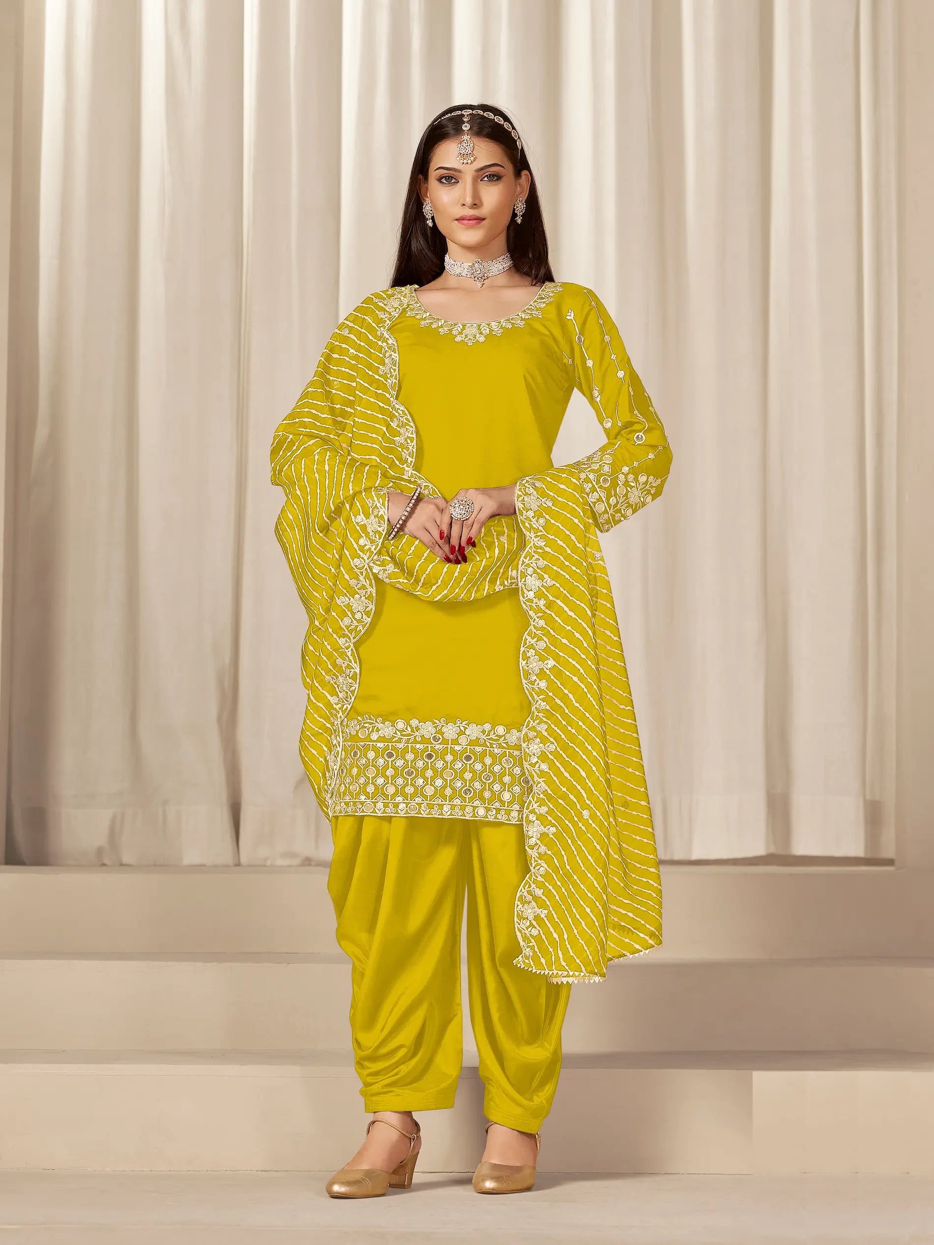 Yellow Roman Silk Mirror & Embroidery Work Salwar Suit - qivii