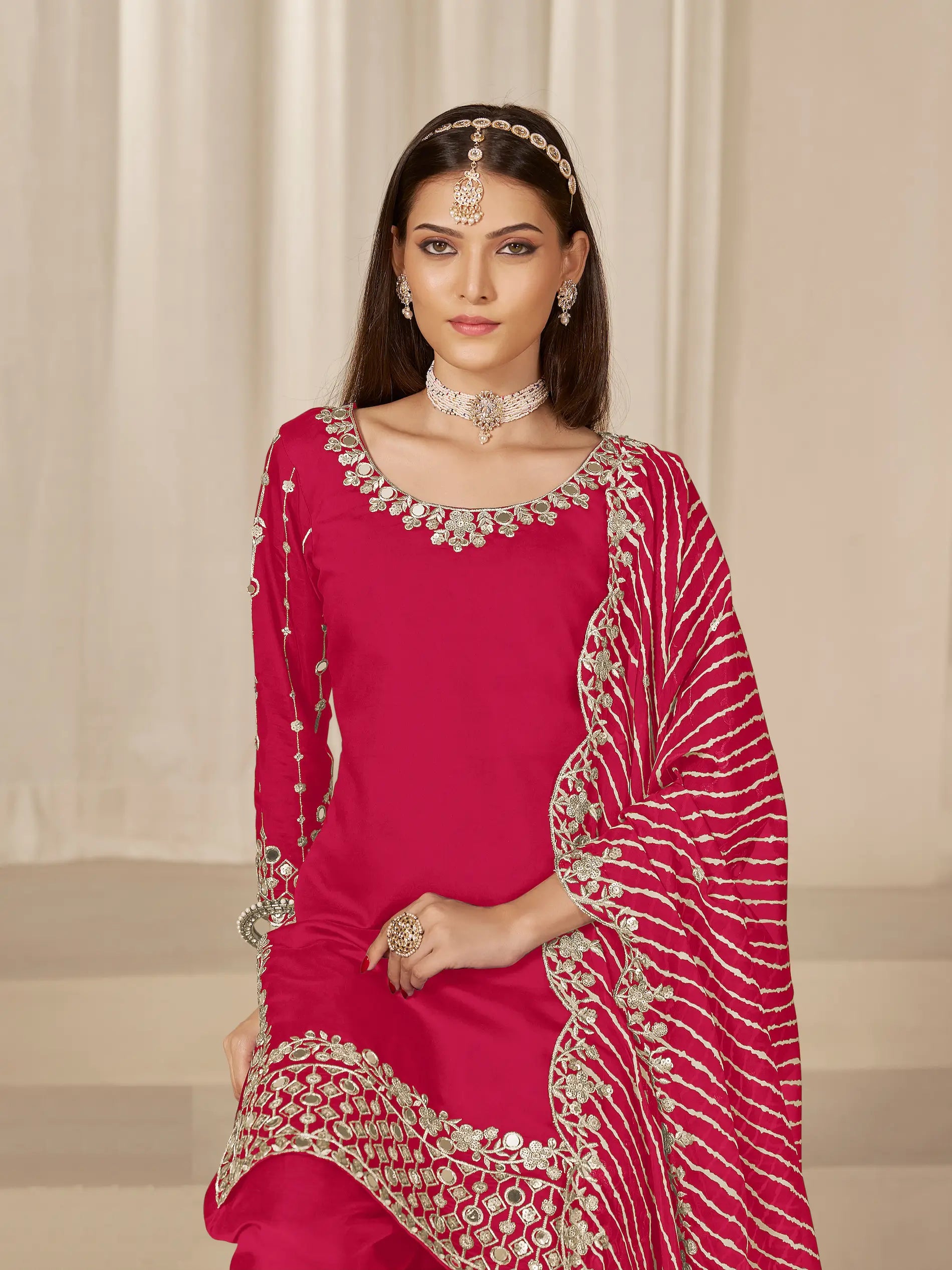 Red Roman Silk Mirror & Embroidery Work Salwar Suit - qivii