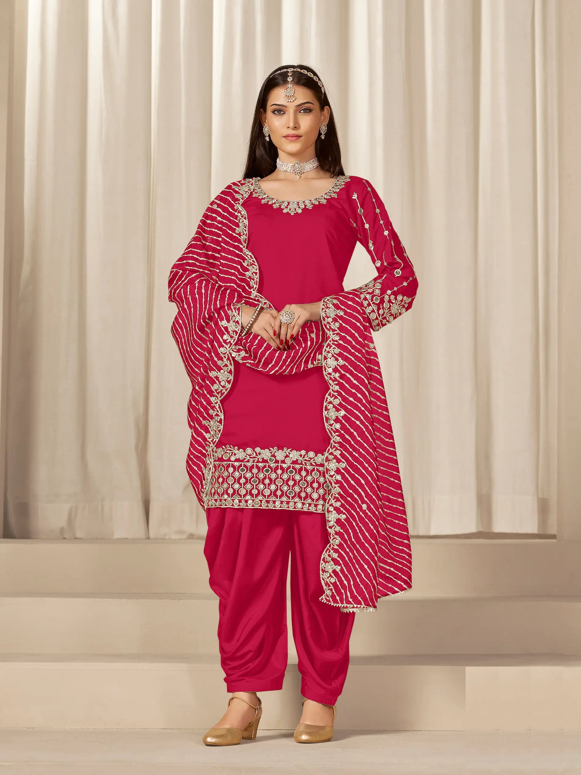 Red Roman Silk Mirror & Embroidery Work Salwar Suit - qivii